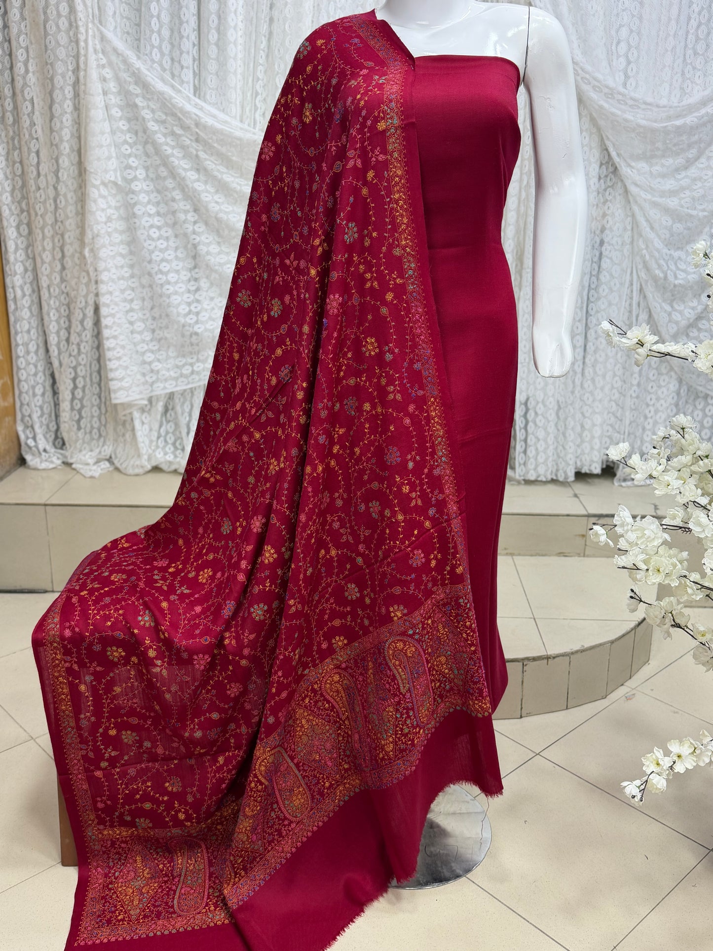 Pashmina 3 Piece Suit | Hand Embroidered Shawl with Plain Suit | Maroon