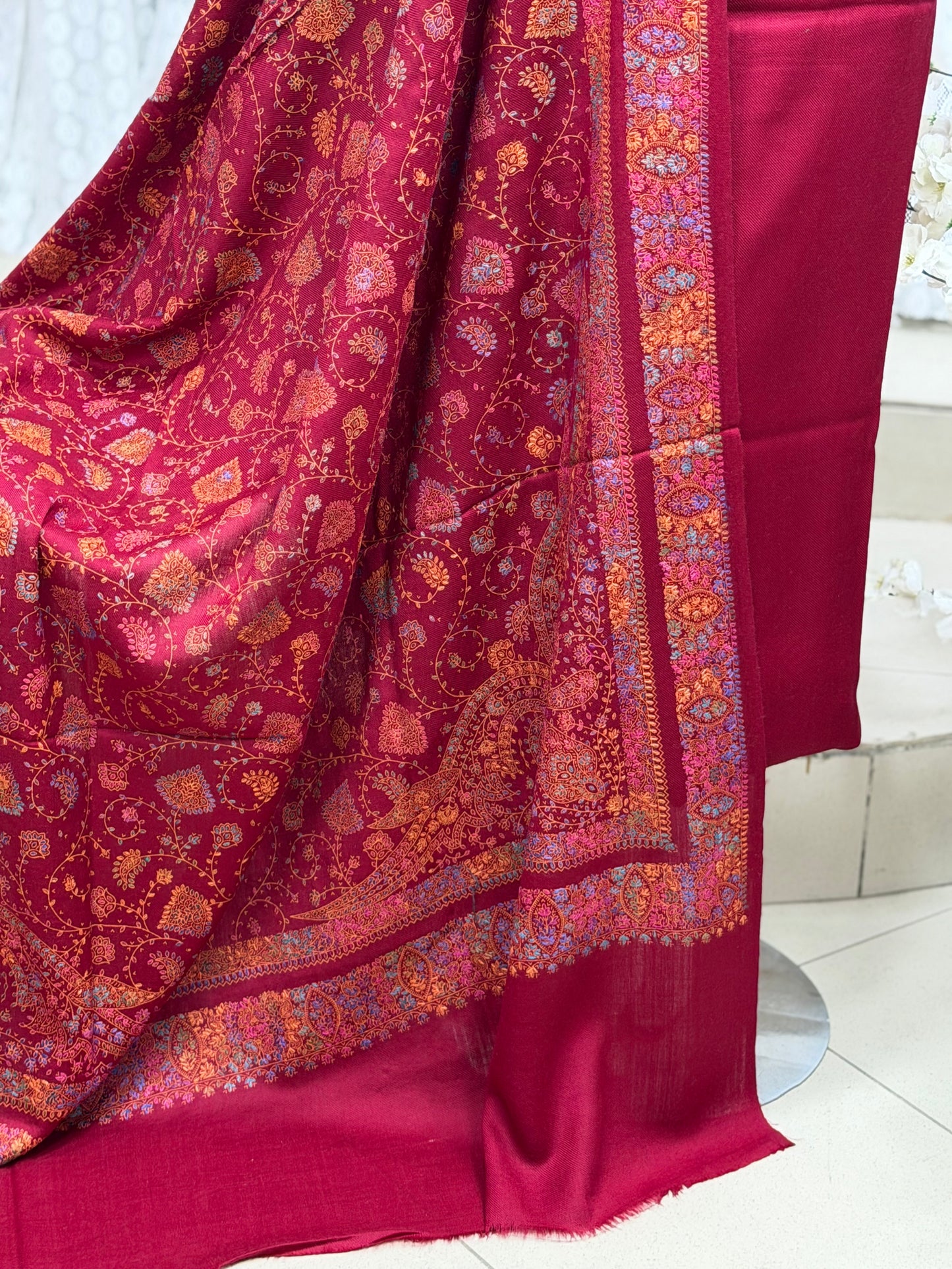 Pashmina 3 Piece Suit | Hand Embroidered Shawl with Plain Suit | Maroon