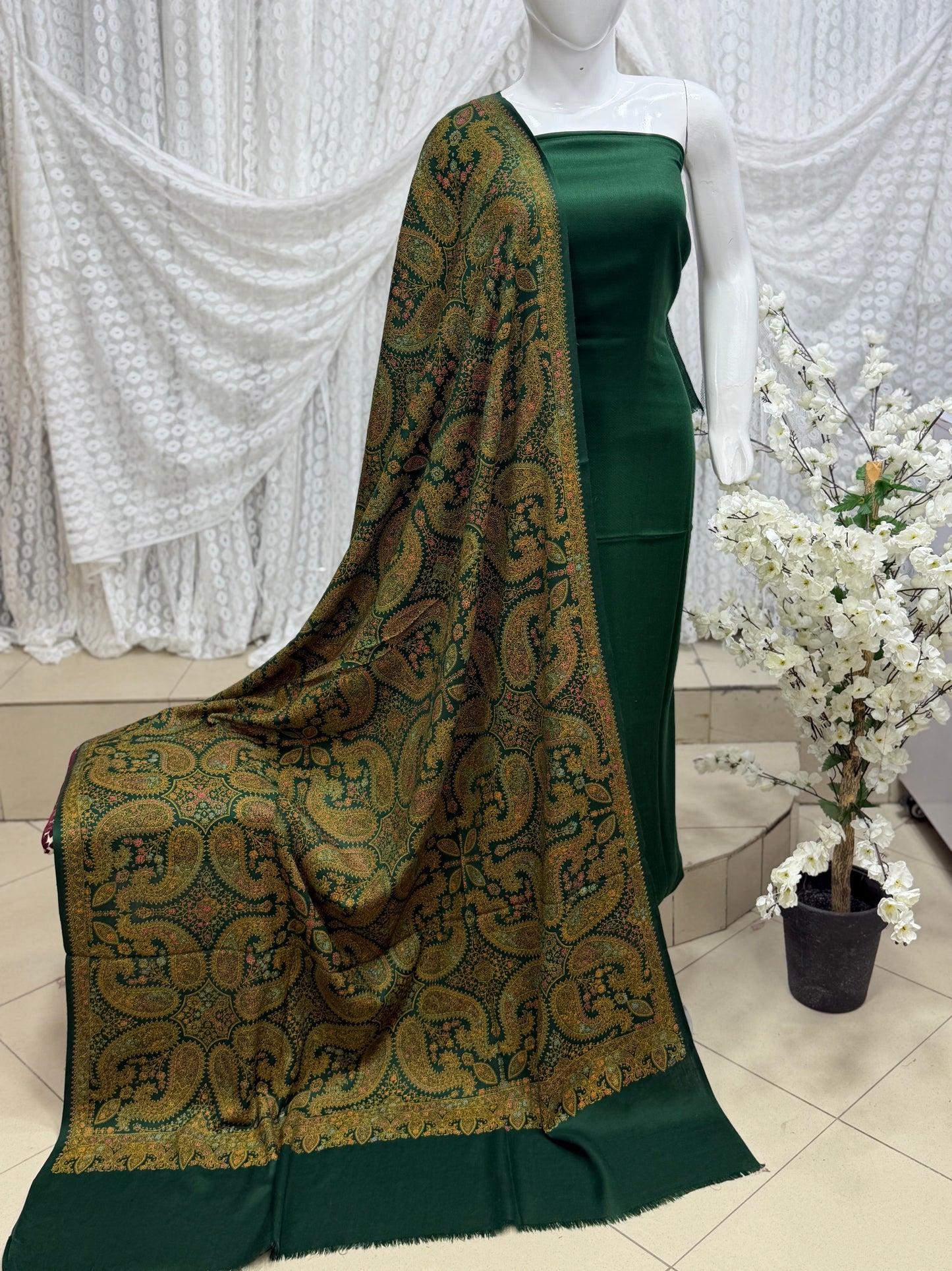 Pashmina 3 Piece Suit | Hand Embroidered Shawl with Plain Suit | Dark Green