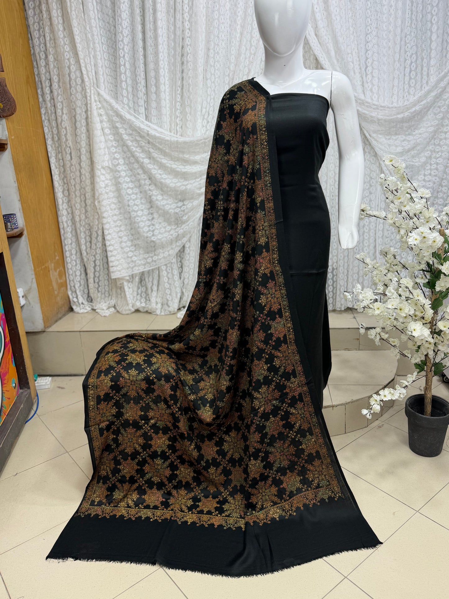 Pashmina 3 Piece Suit | Hand Embroidered Shawl with Plain Suit | Black