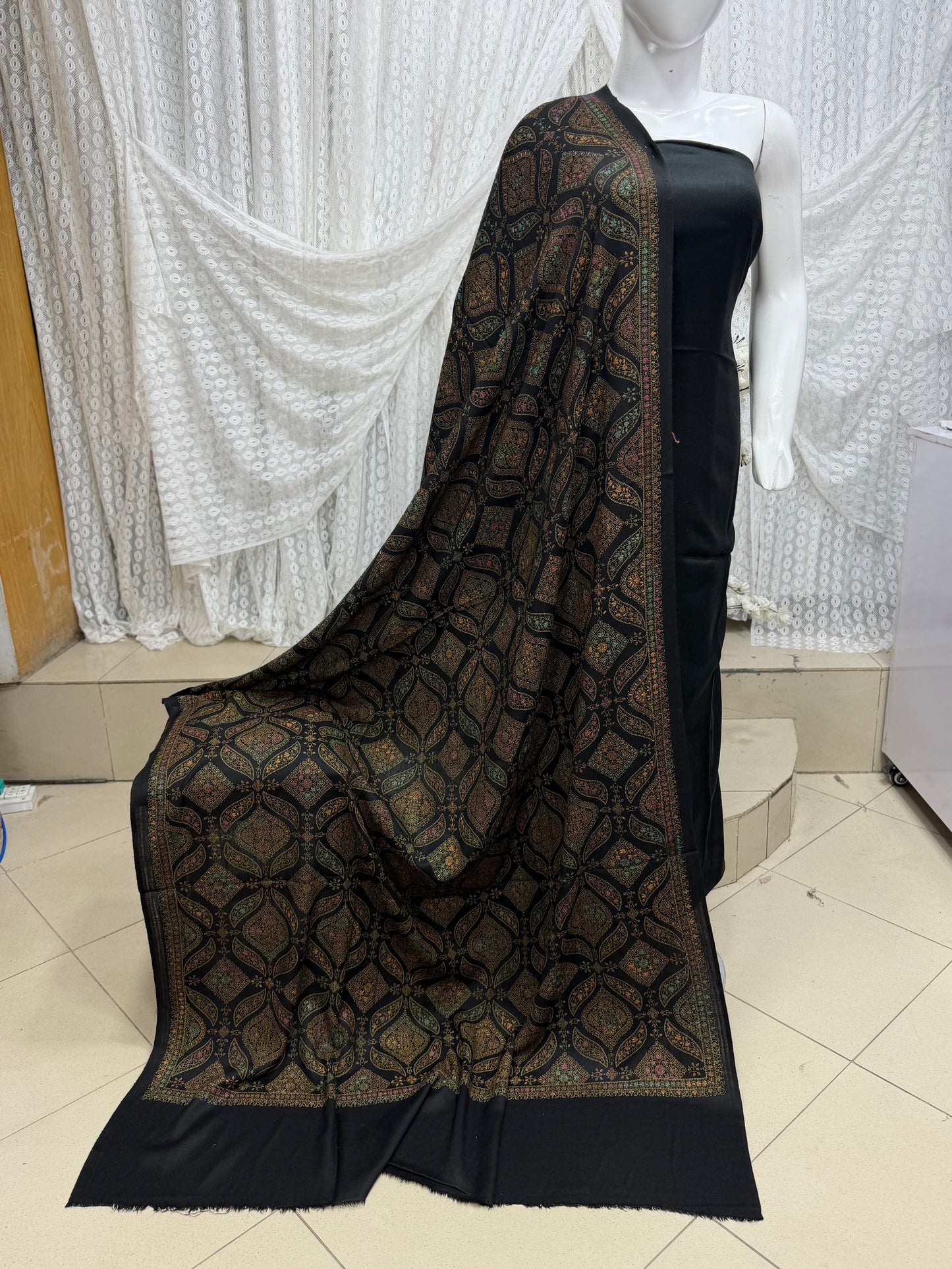 Pashmina 3 Piece Suit | Hand Embroidered Shawl with Plain Suit | Black