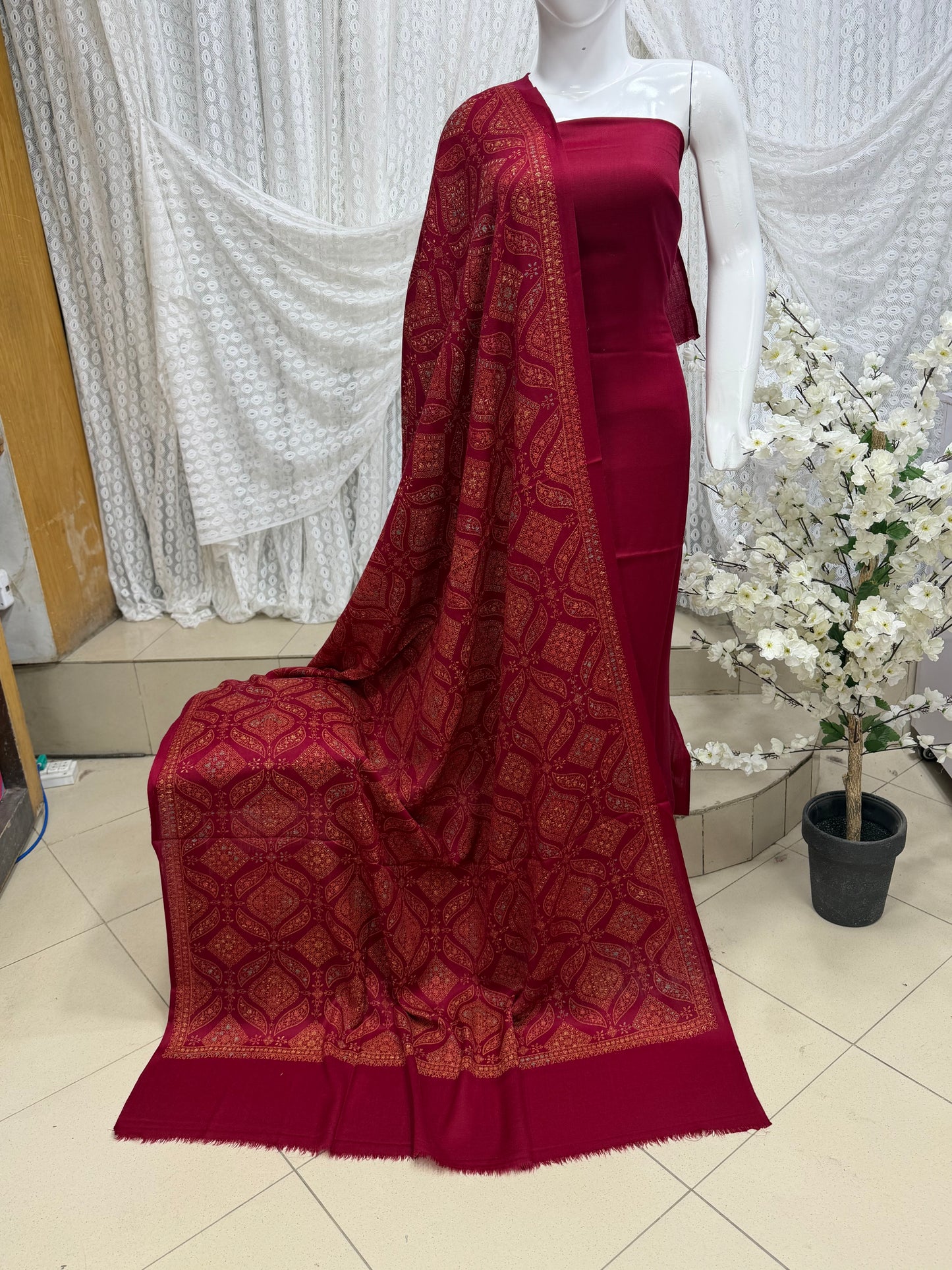 Pashmina 3 Piece Suit | Hand Embroidered Shawl with Plain Suit | Maroon