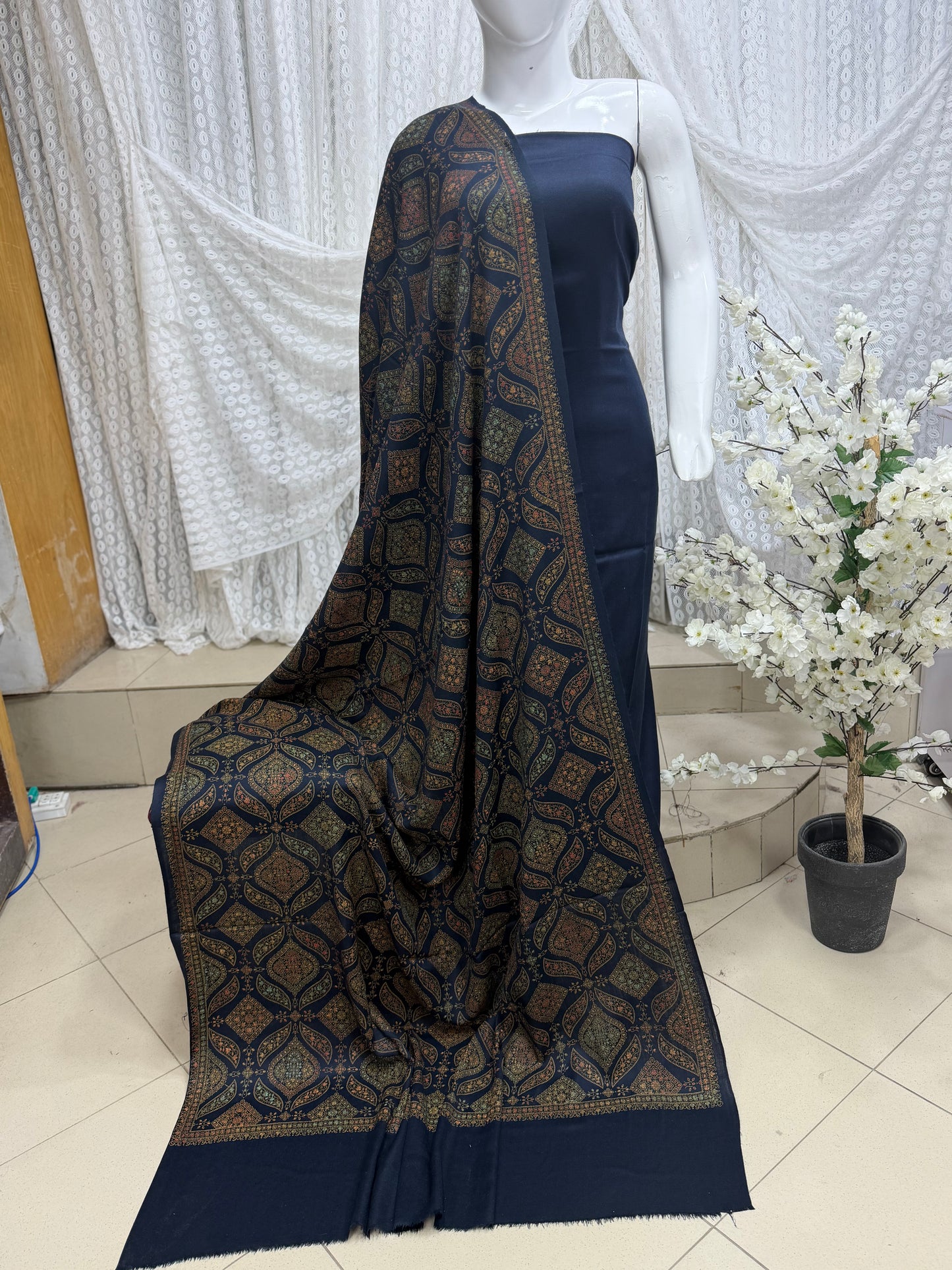Pashmina 3 Piece Suit | Hand Embroidered Shawl with Plain Suit | Navy Blue