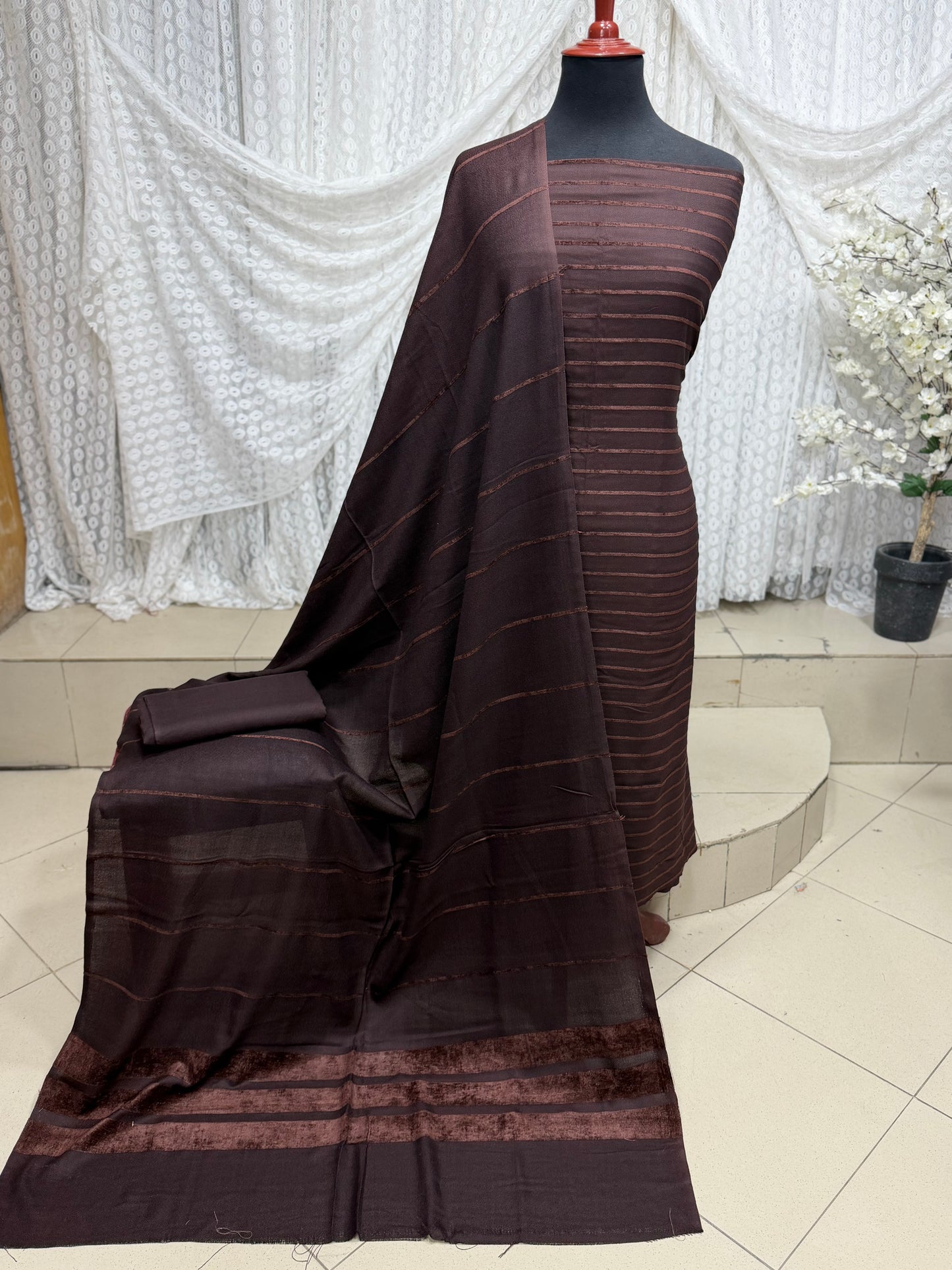 3 Piece Suit | Velvet Lining Marina Suit Allover With Shawl | New Arrival Beautiful Gift | Chocolate Brown