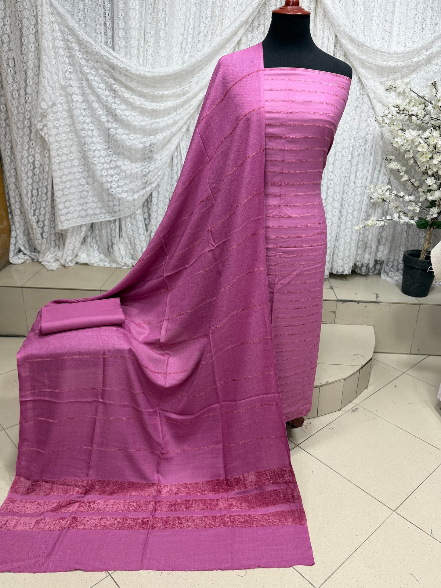 3 Piece Suit | Velvet Lining Marina Suit Allover With Shawl | New Arrival Beautiful Gift | Tea Pink New