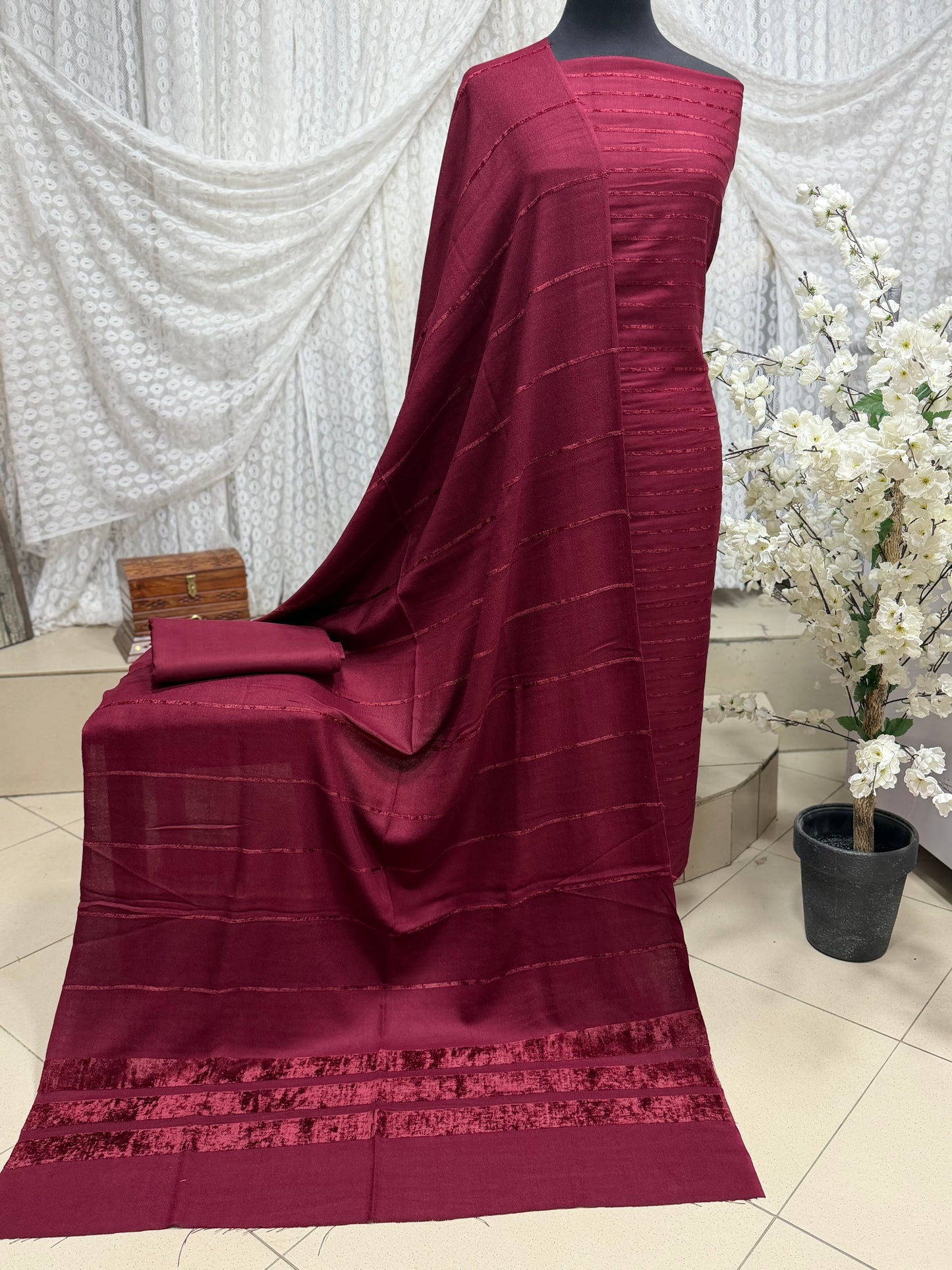 3 Piece Suit | Velvet Lining Marina Suit Allover With Shawl | New Arrival Beautiful Gift | Maroon