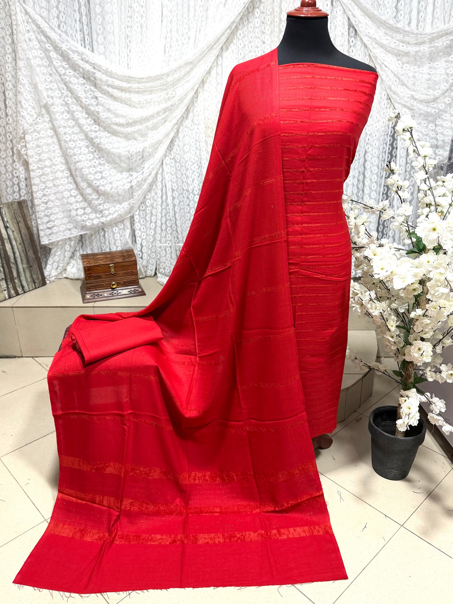3 Piece Suit | Velvet Lining Marina Suit Allover With Shawl | New Arrival Beautiful Gift | Red