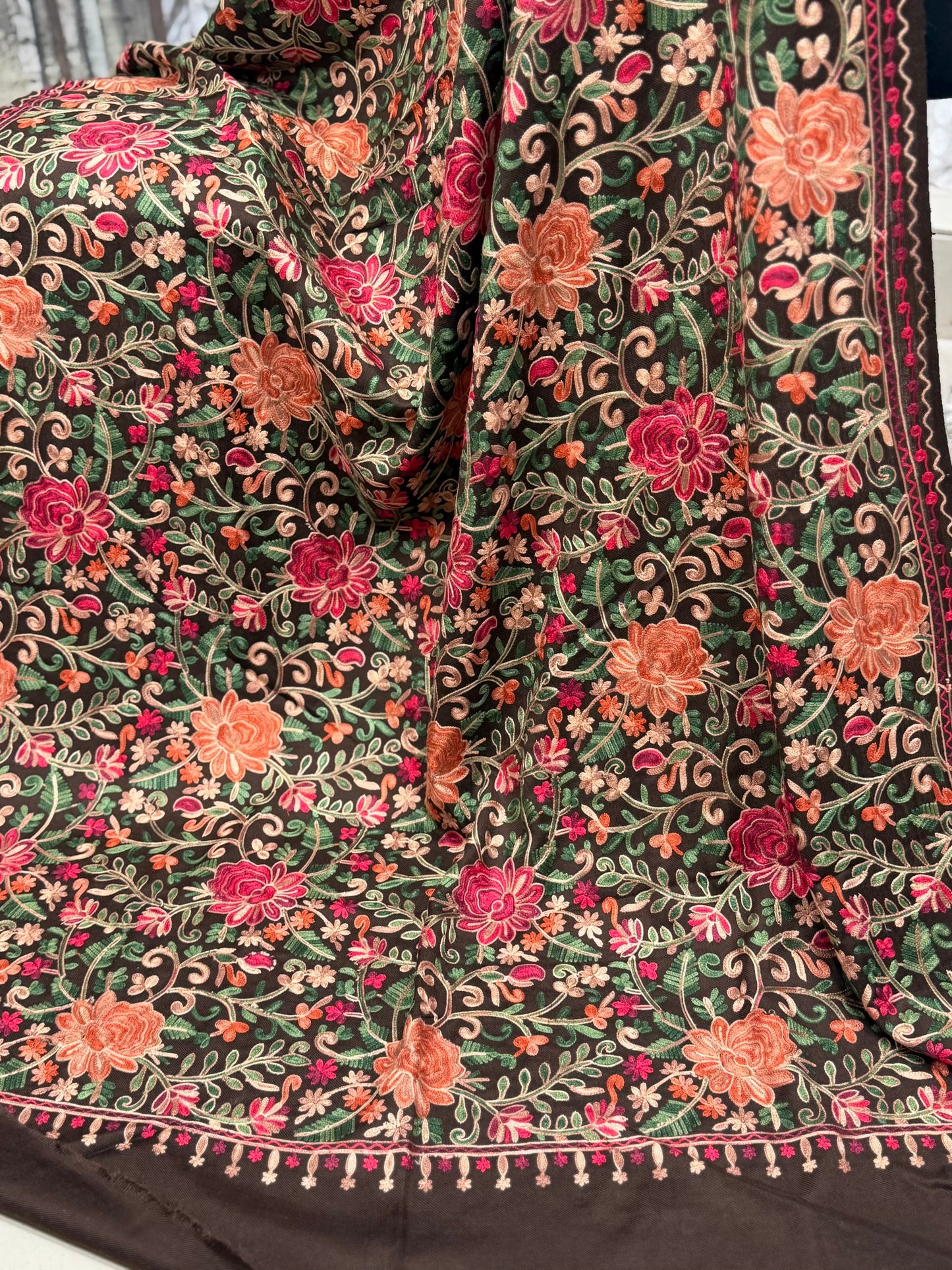 Pashmina Shawl Full Size | Kashmiri Embroidery | Dark Brown