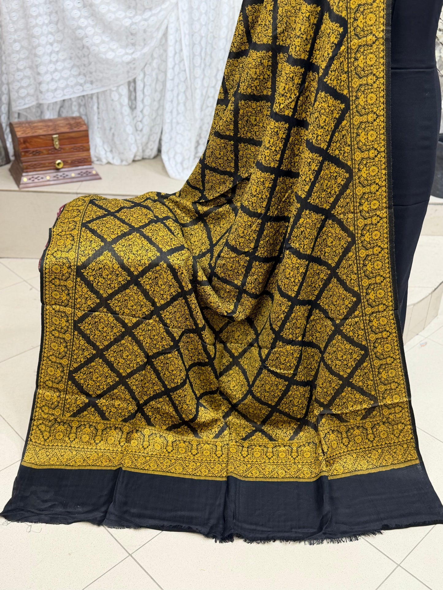 Pashmina Wool Kani Border Shawl in Full Size 4 Side Border | Mustard Jaal