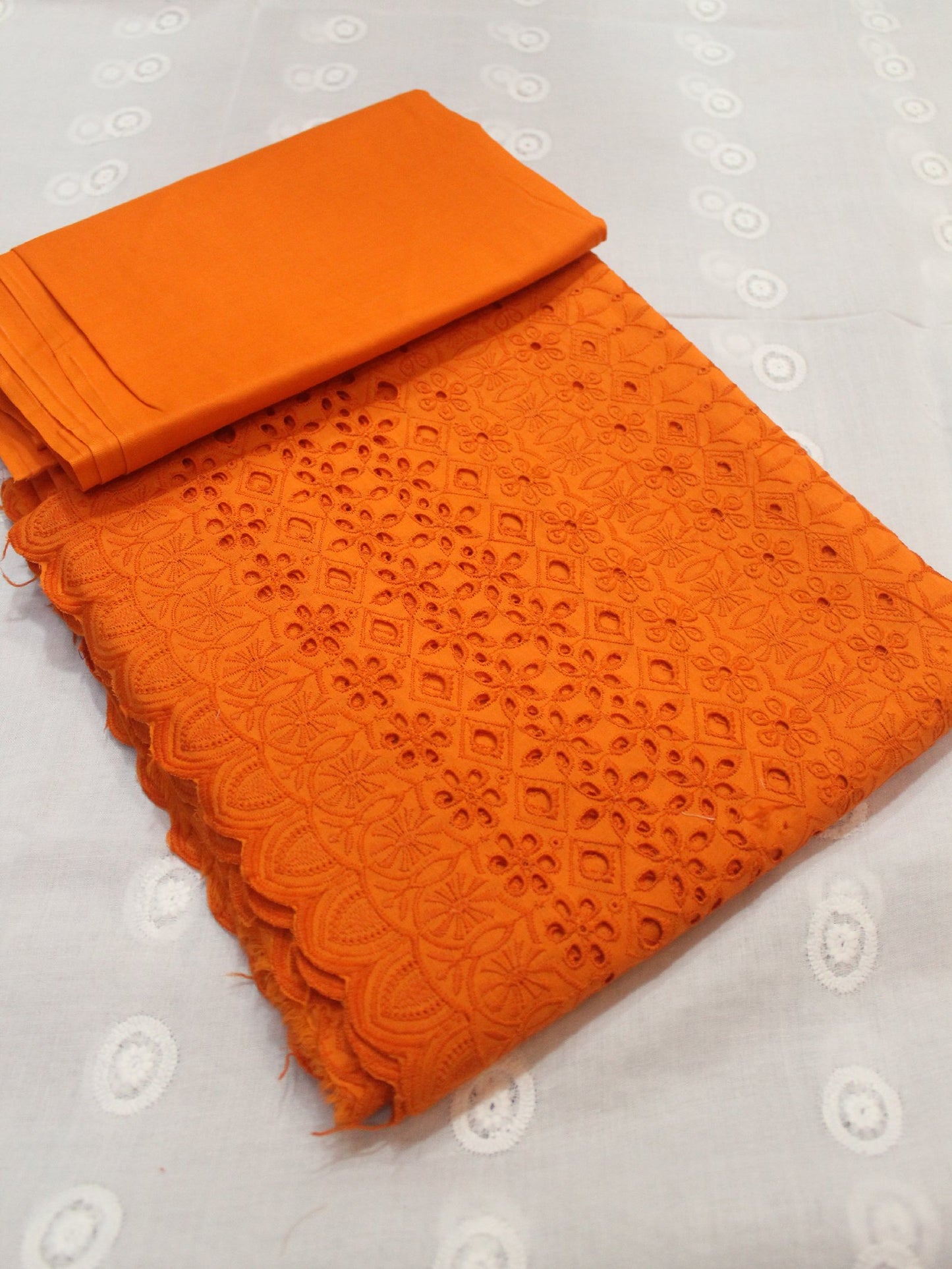 Chikankari Lawn 2 Piece Suit Daman Bore Long Length Suit | Orange