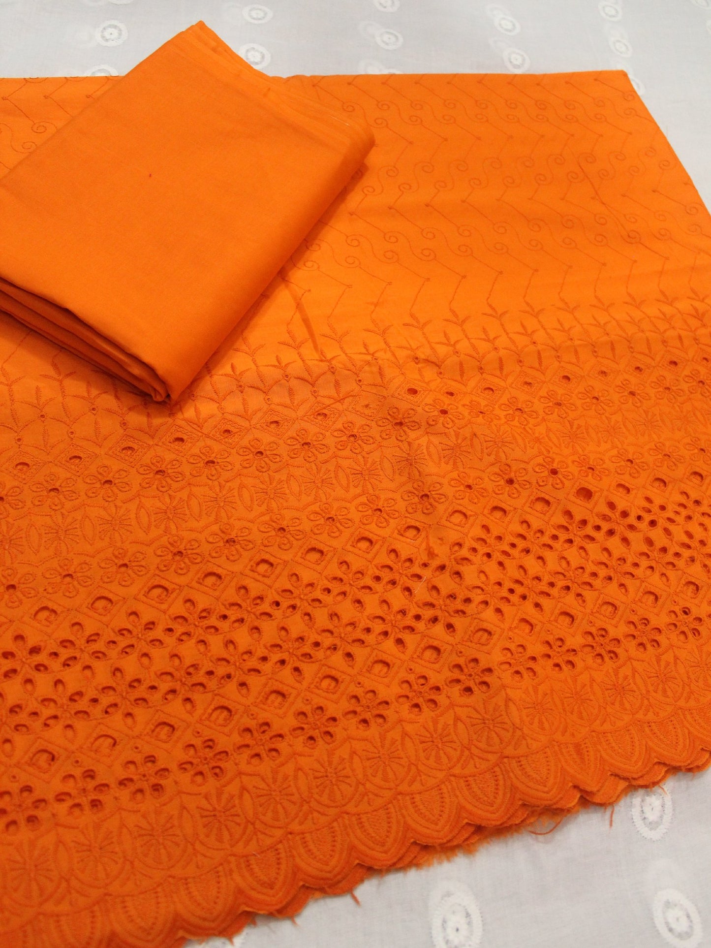 Chikankari Lawn 2 Piece Suit Daman Bore Long Length Suit | Orange