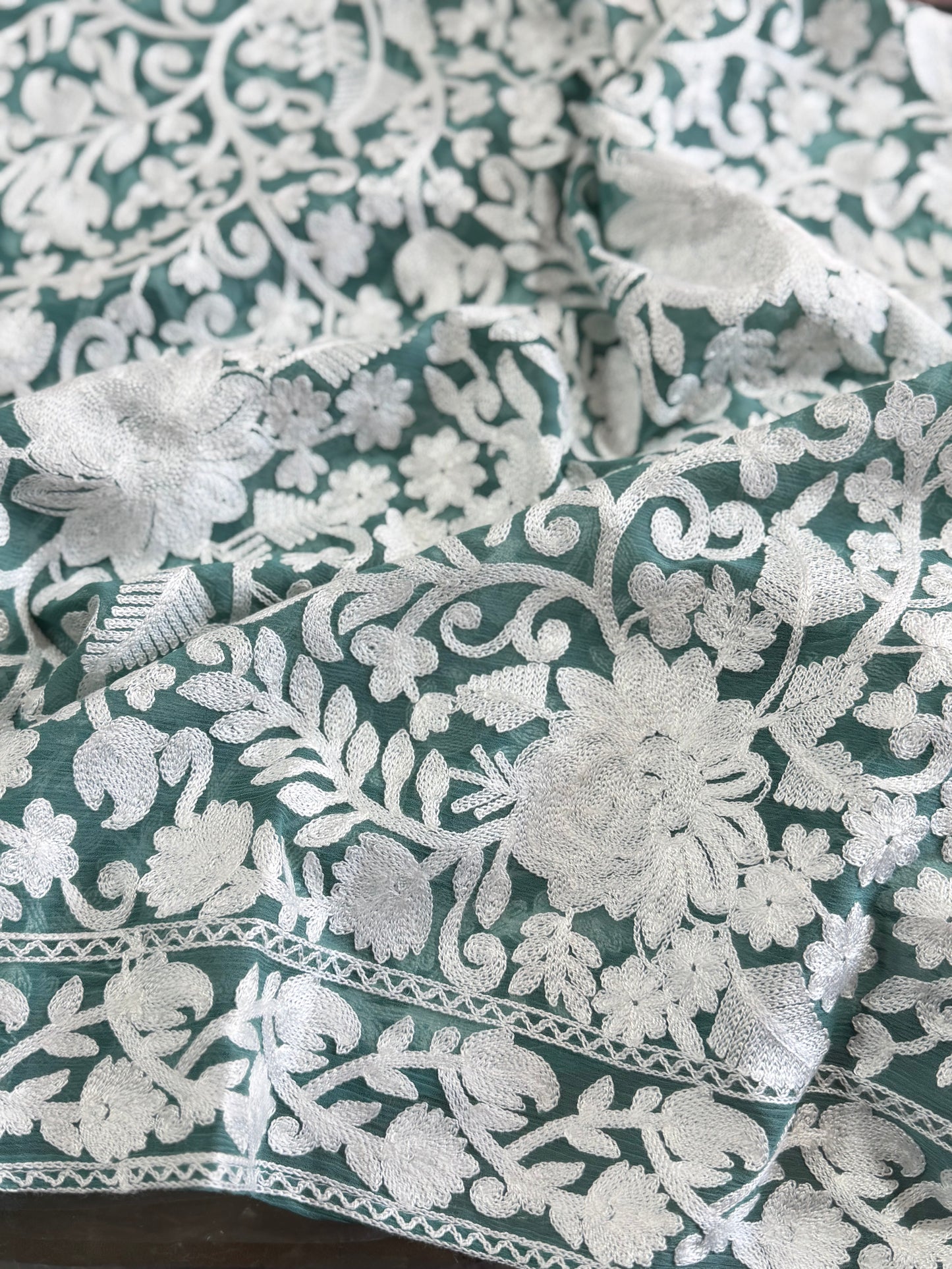 Crinkle Chiffon Kashmiri Gulabkar Embroidered Dupatta | Turquoise