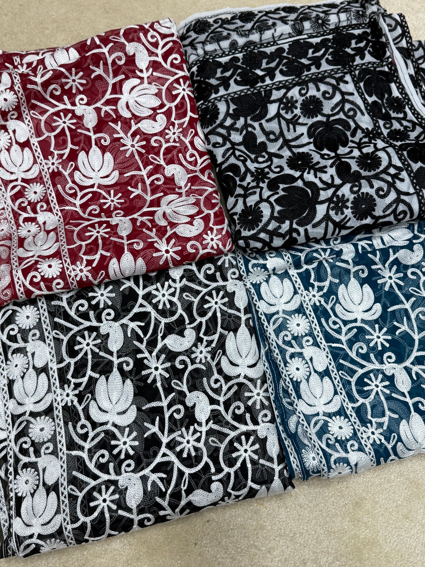 Crinkle Chiffon Kashmiri Jaal Embroidered Dupatta | White With Black