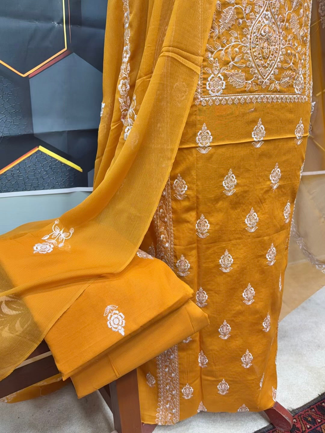 3 Piece Embroidered Lawn Suit With Chiffon Dupatta | Mustard