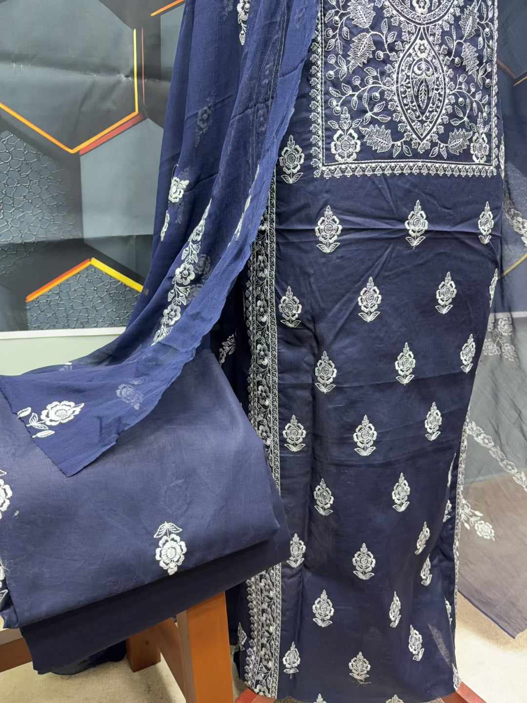 3 Piece Embroidered Lawn Suit With Chiffon Dupatta | Navy Blue