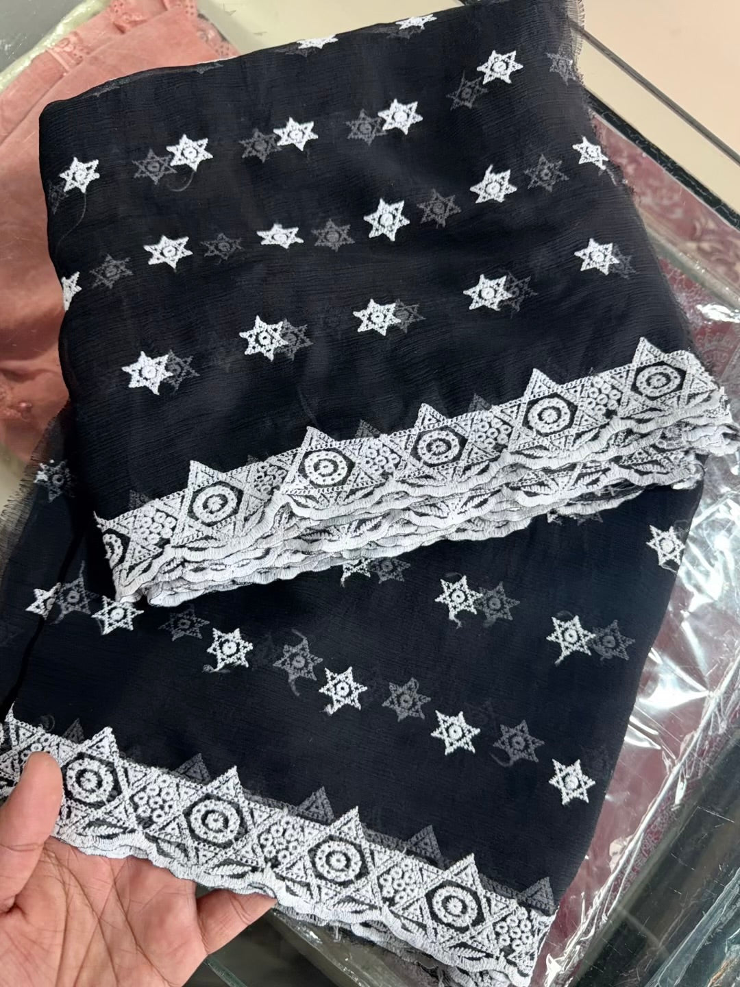 Black Chikankari With White Crinkle Chiffon Embroidered Dupatta