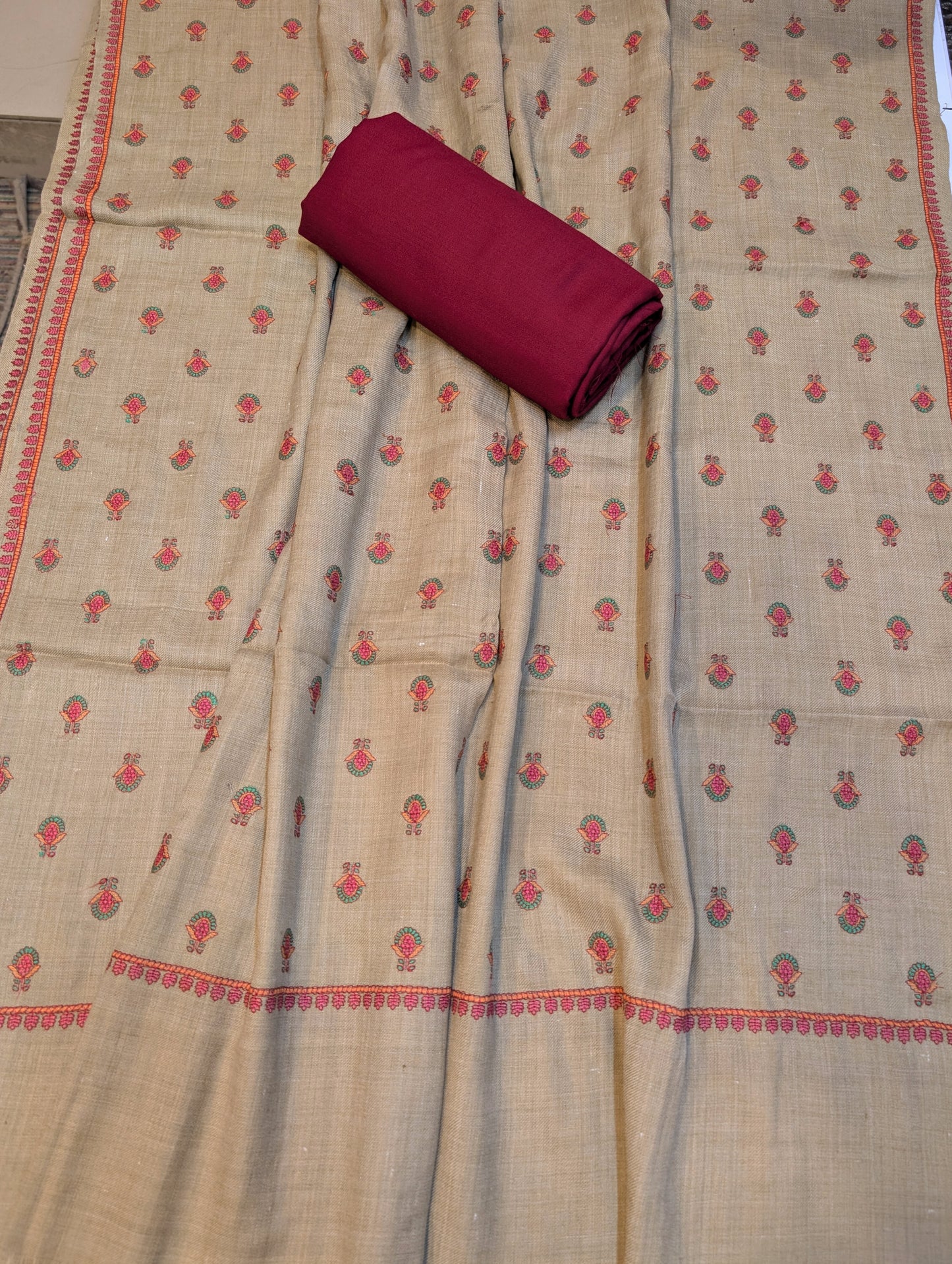 Pashmina 3 Piece Suit | Embroidered Shawl with Plain Suit Marina | Skin Maroon