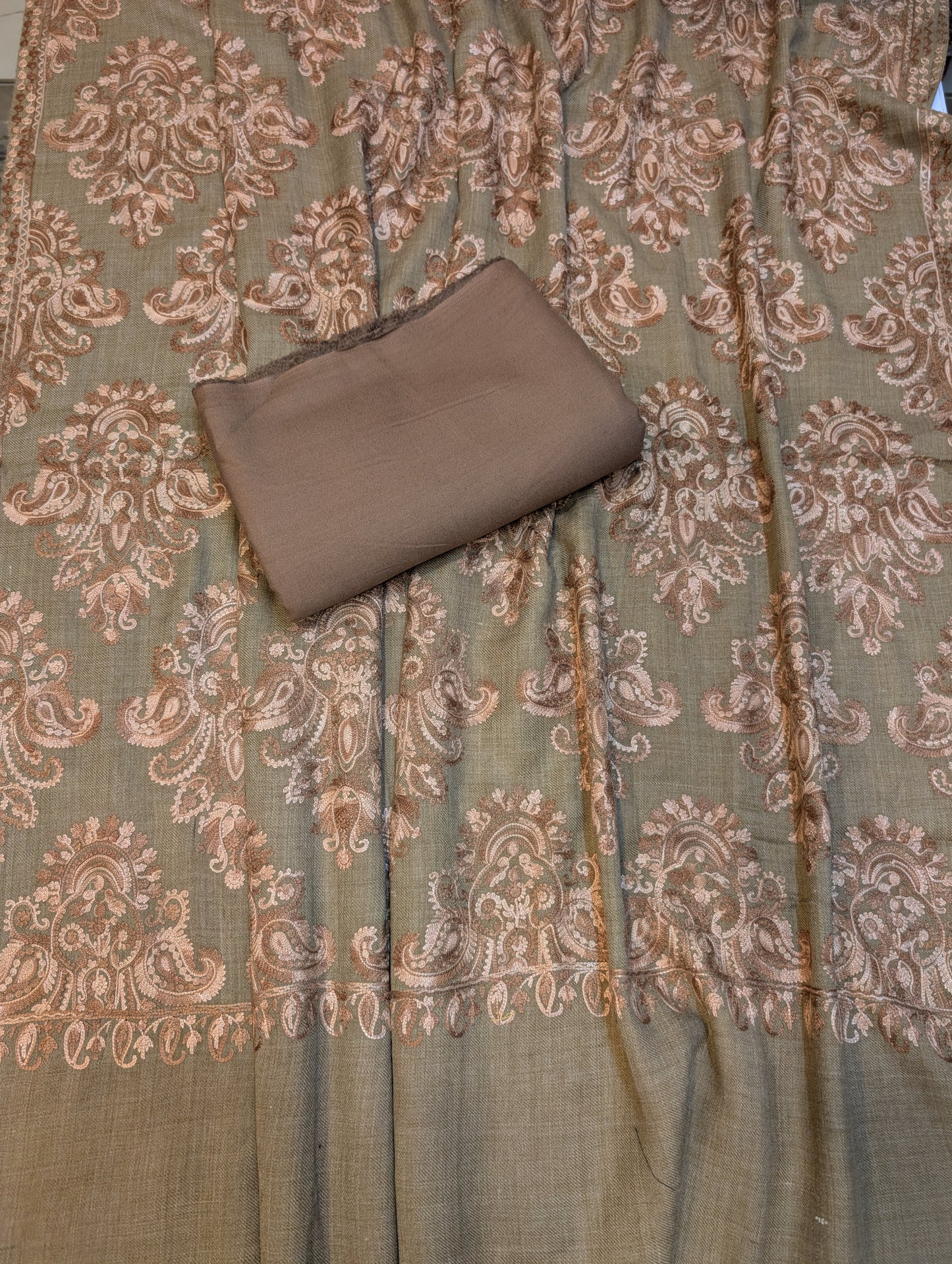 Pashmina 3 Piece Suit | Embroidered Shawl with Plain Suit Marina | Skin Brown