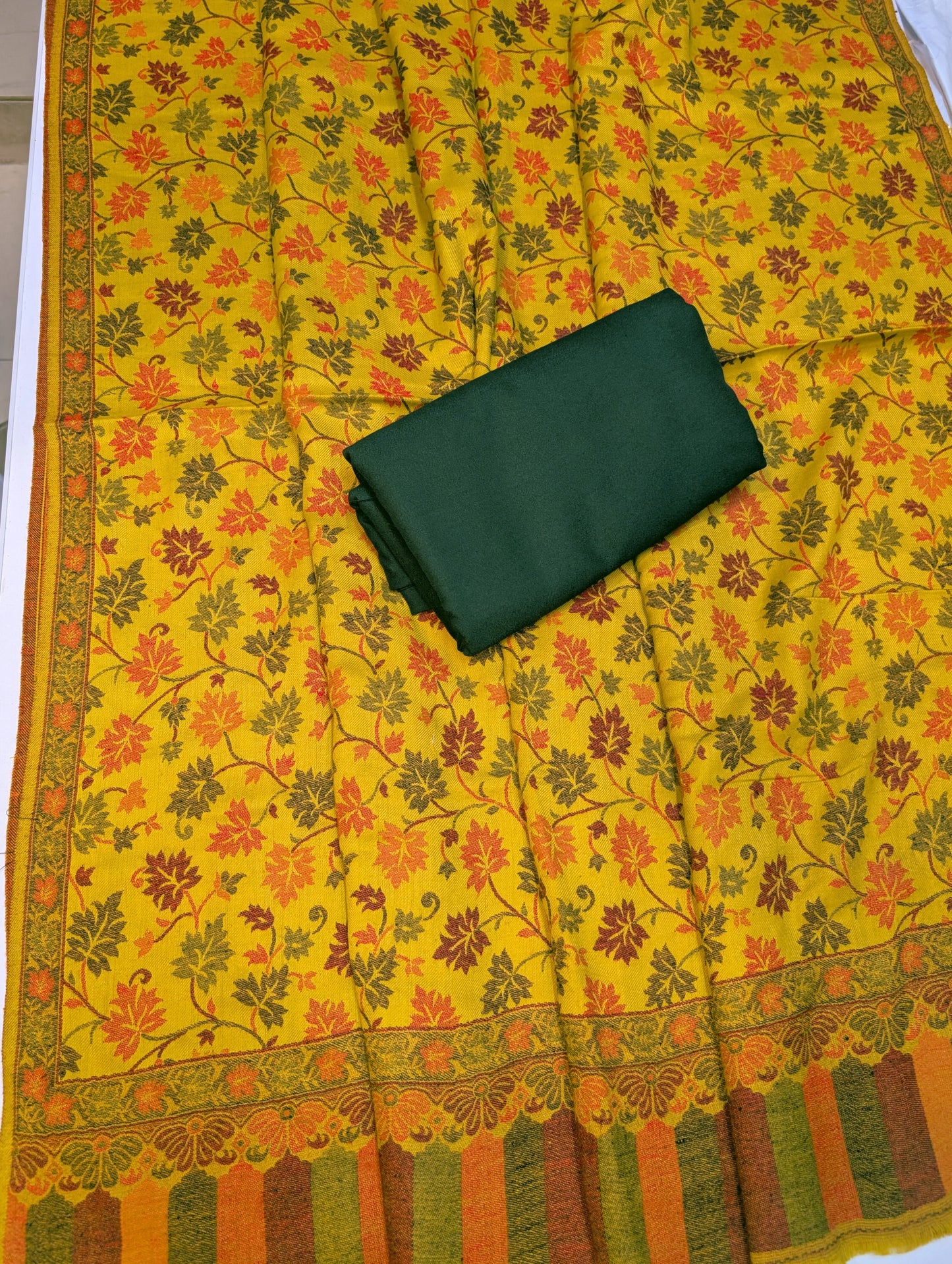 Pashmina 3 Piece Suit | Kani Pashmina Shawl With Green Marina Suit