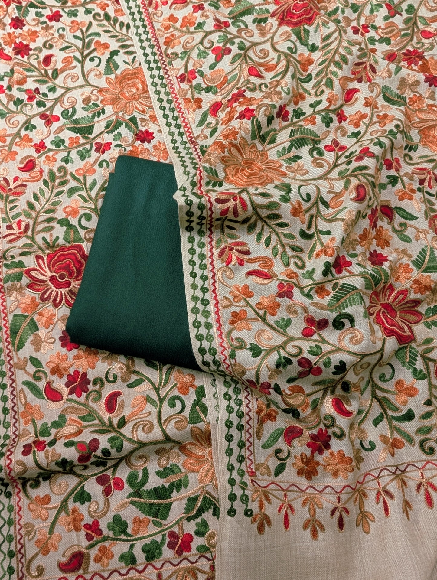 Pashmina 3 Piece Suit | Full Embroidered Gulabkar Shawl with Plain Suit Marina | Skin