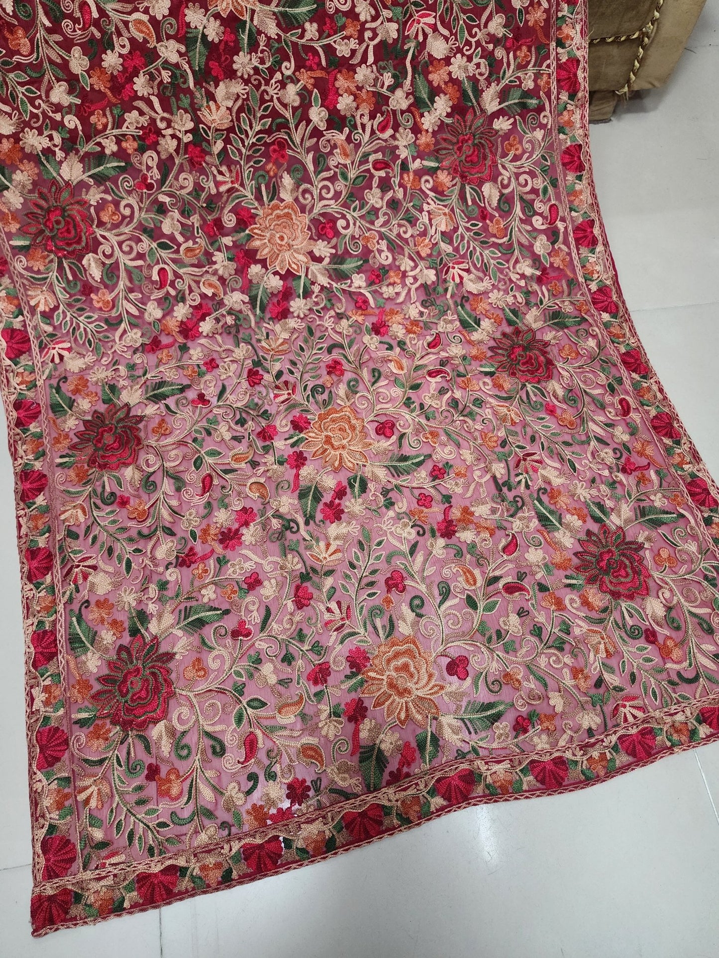 Crinkle Chiffon Aari Embroidered Dupatta Multi Color | Maroon