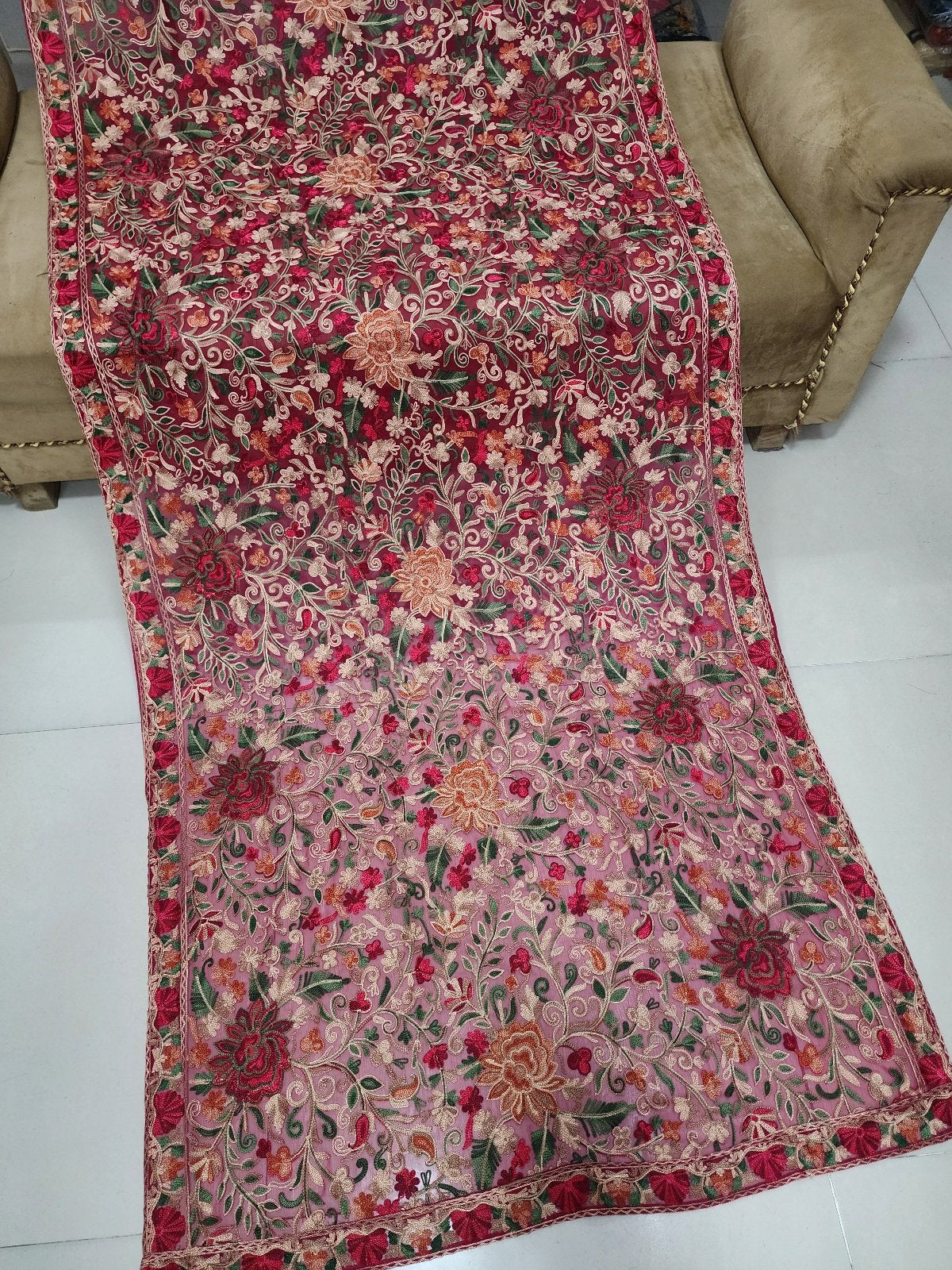 Crinkle Chiffon Aari Embroidered Dupatta Multi Color | Maroon