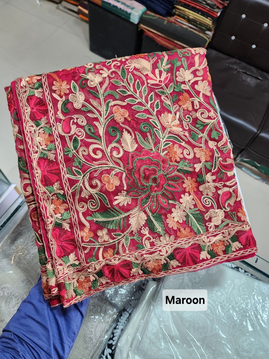 Crinkle Chiffon Aari Embroidered Dupatta Multi Color | Maroon