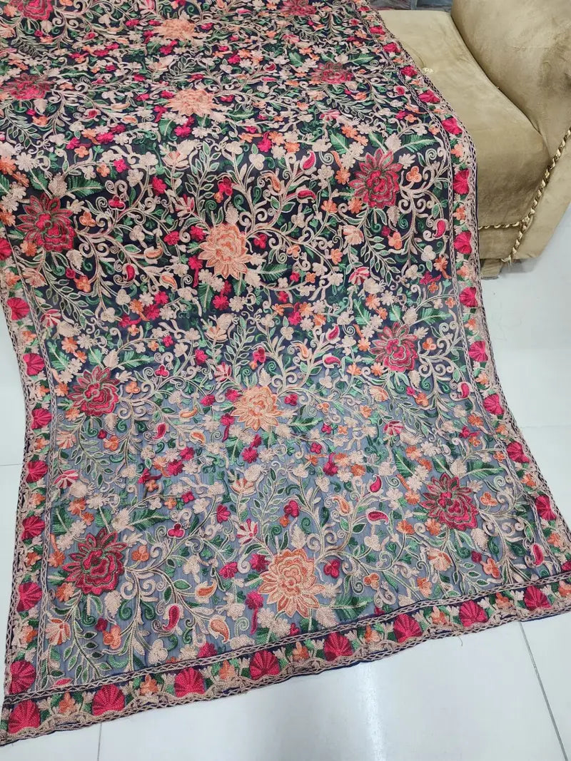 Crinkle Chiffon Aari Embroidered Dupatta Multi Color | Navy Blue