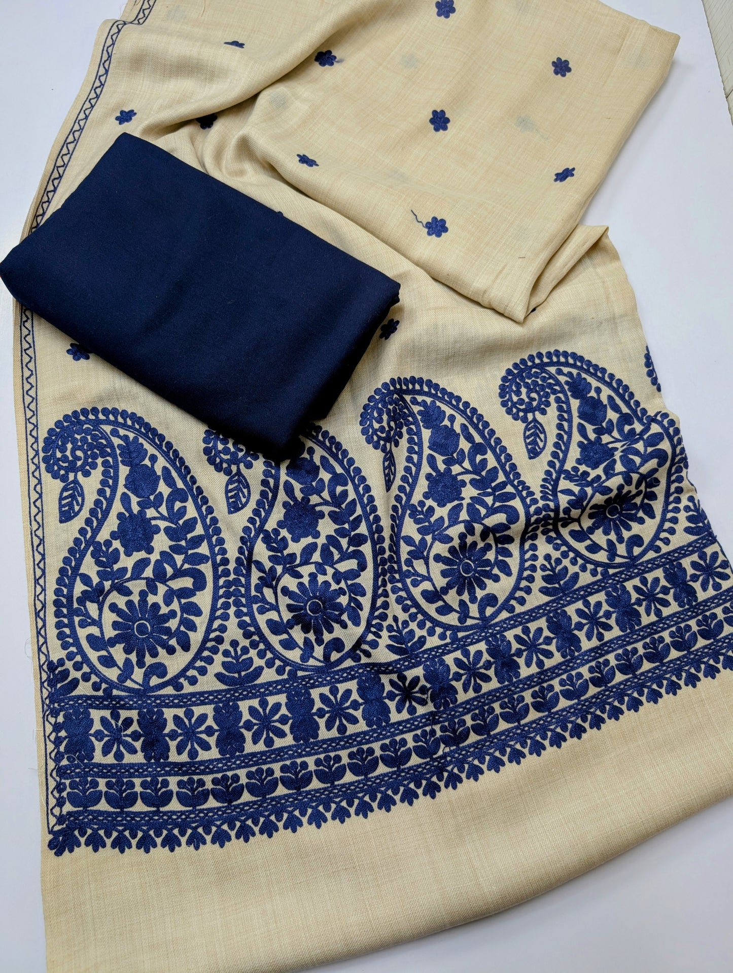 Pashmina 3 Piece Suit | Embroidered Shawl with Plain Suit Marina