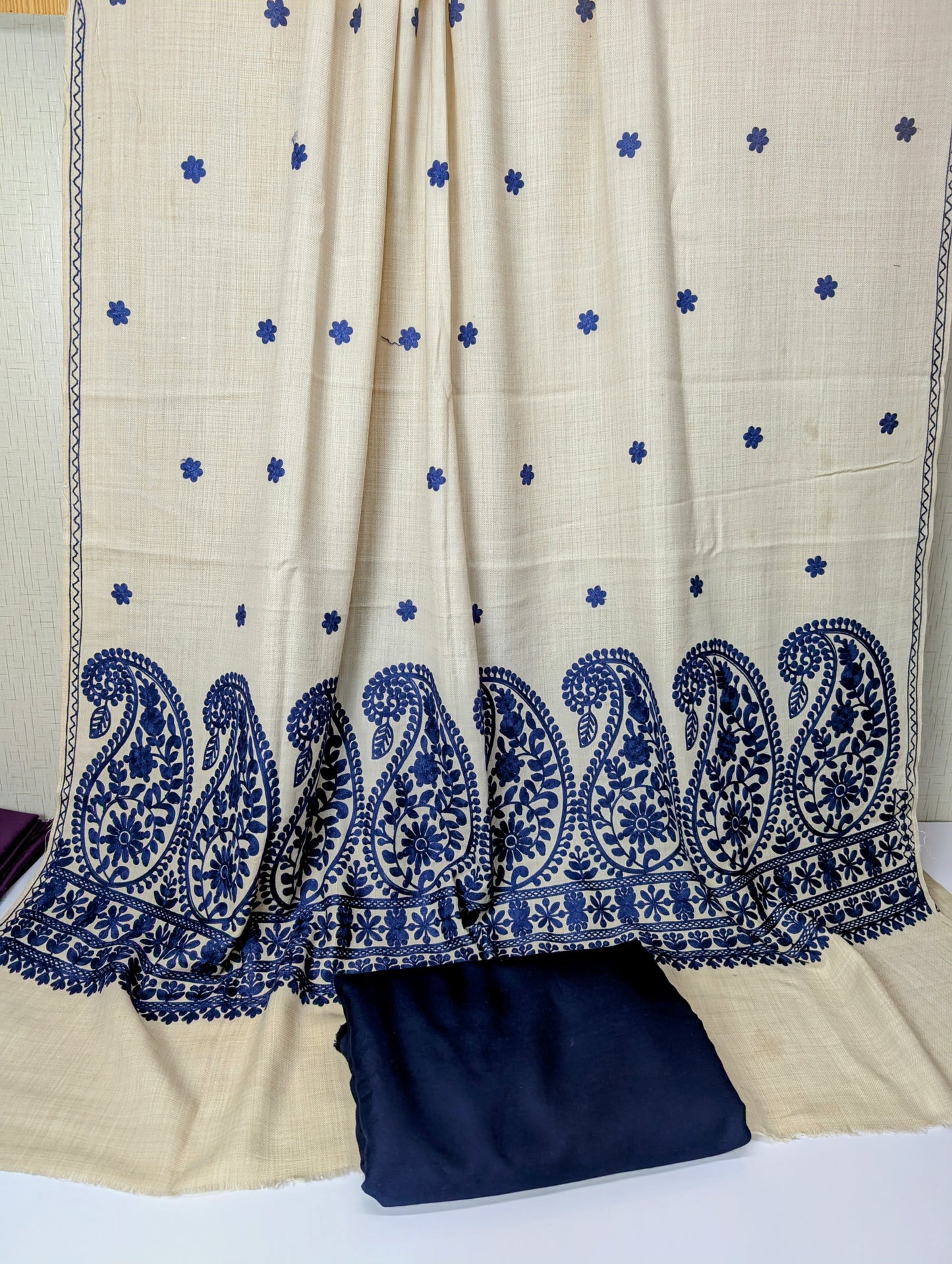 Pashmina 3 Piece Suit | Embroidered Shawl with Plain Suit Marina