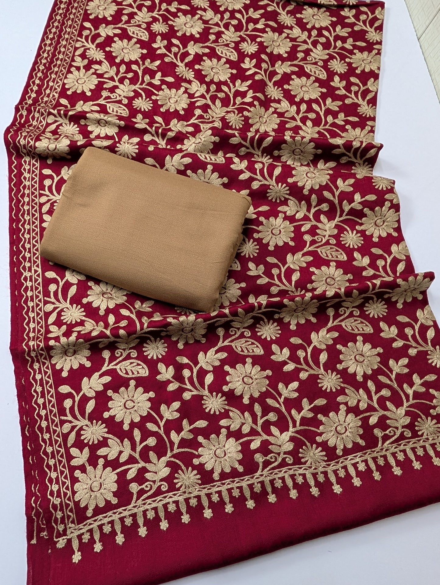 Pashmina 3 Piece Suit | Embroidered Shawl with Plain Suit Marina