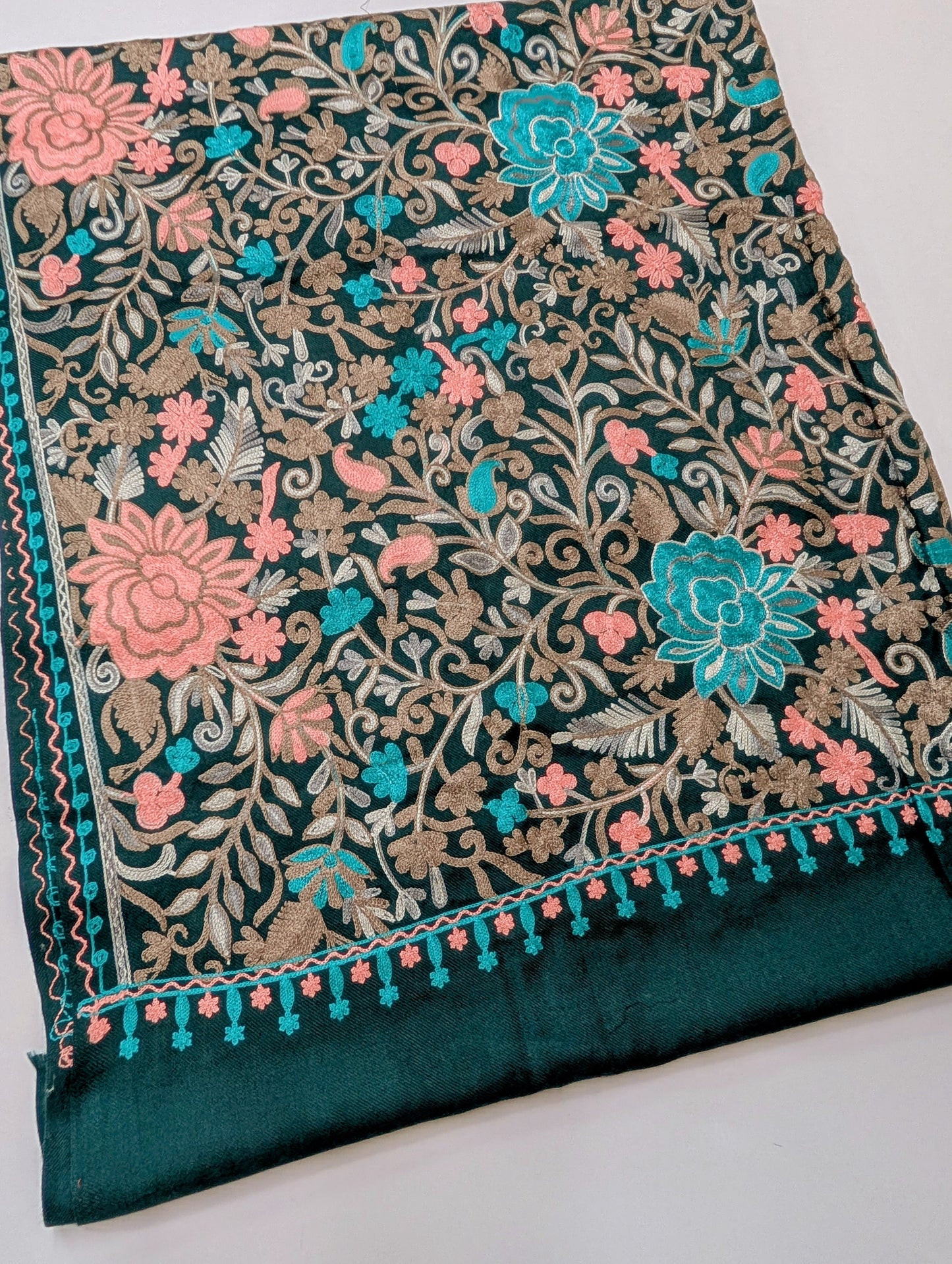 Pashmina Shawl Full Size | Kashmiri Embroidery | Dark Sea Green