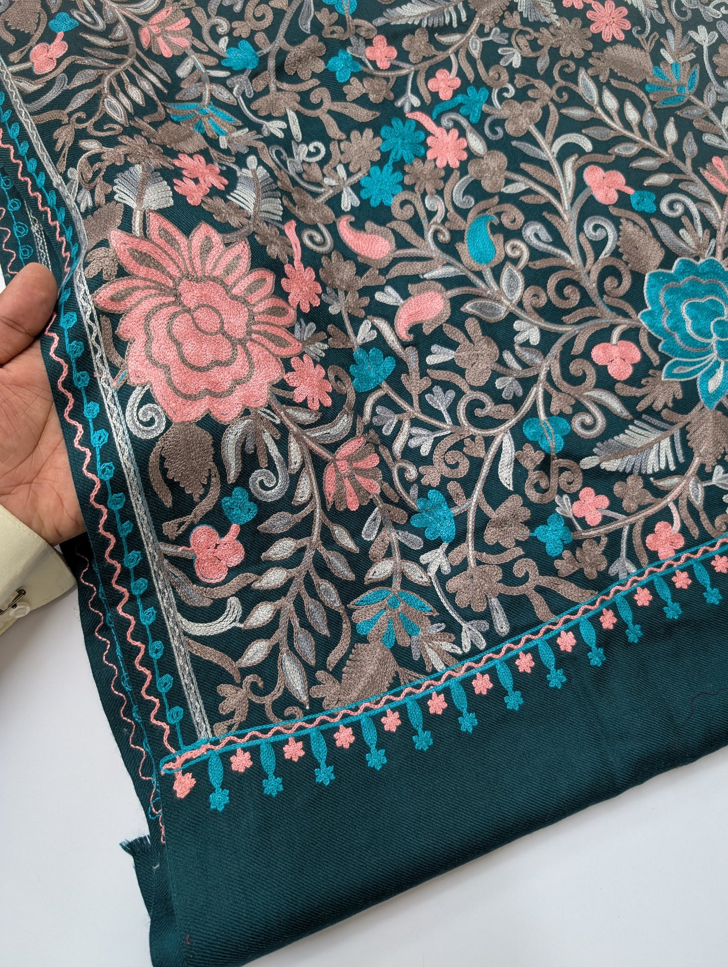 Pashmina Shawl Full Size | Kashmiri Embroidery | Dark Sea Green