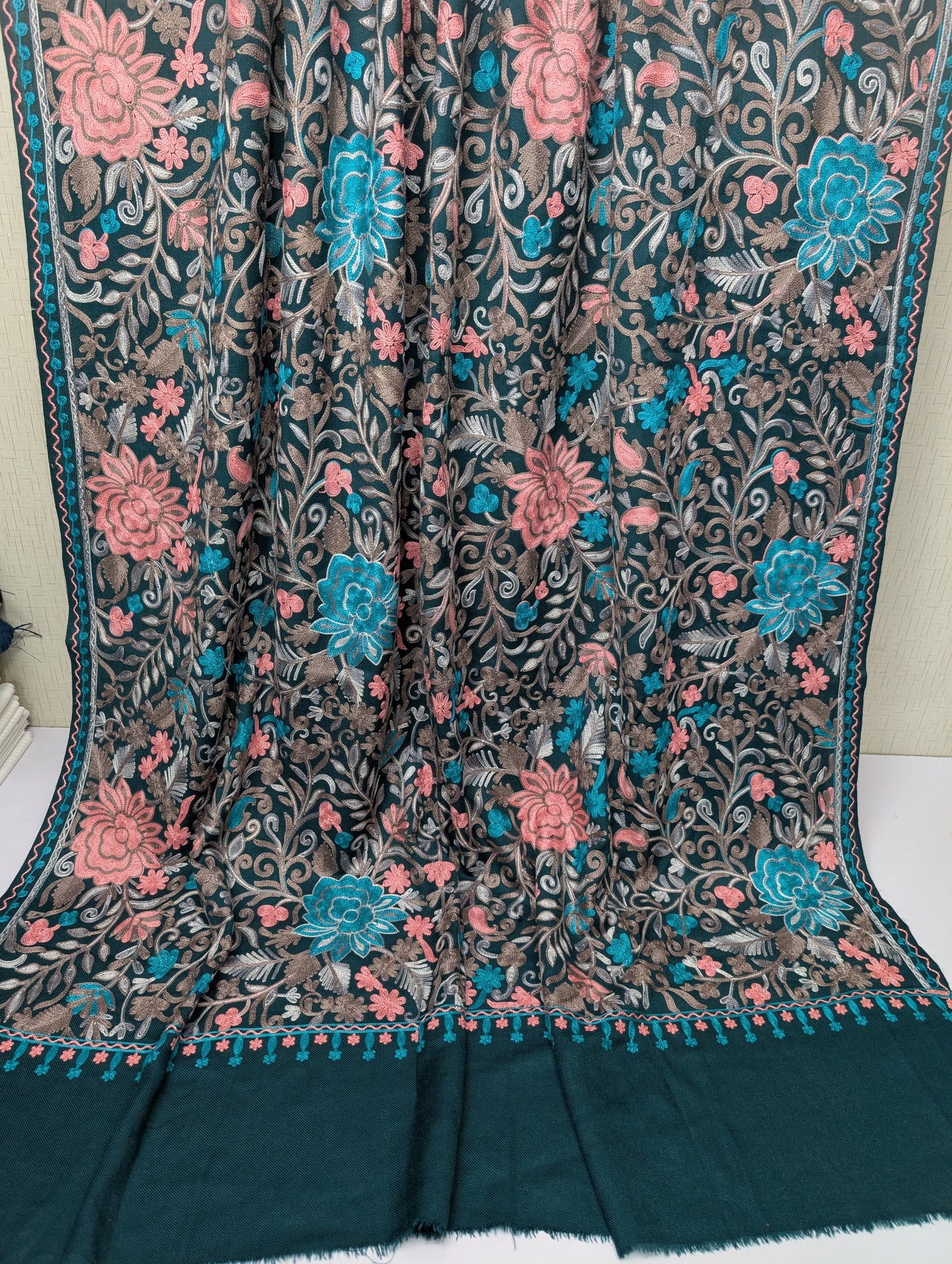 Pashmina Shawl Full Size | Kashmiri Embroidery | Dark Sea Green