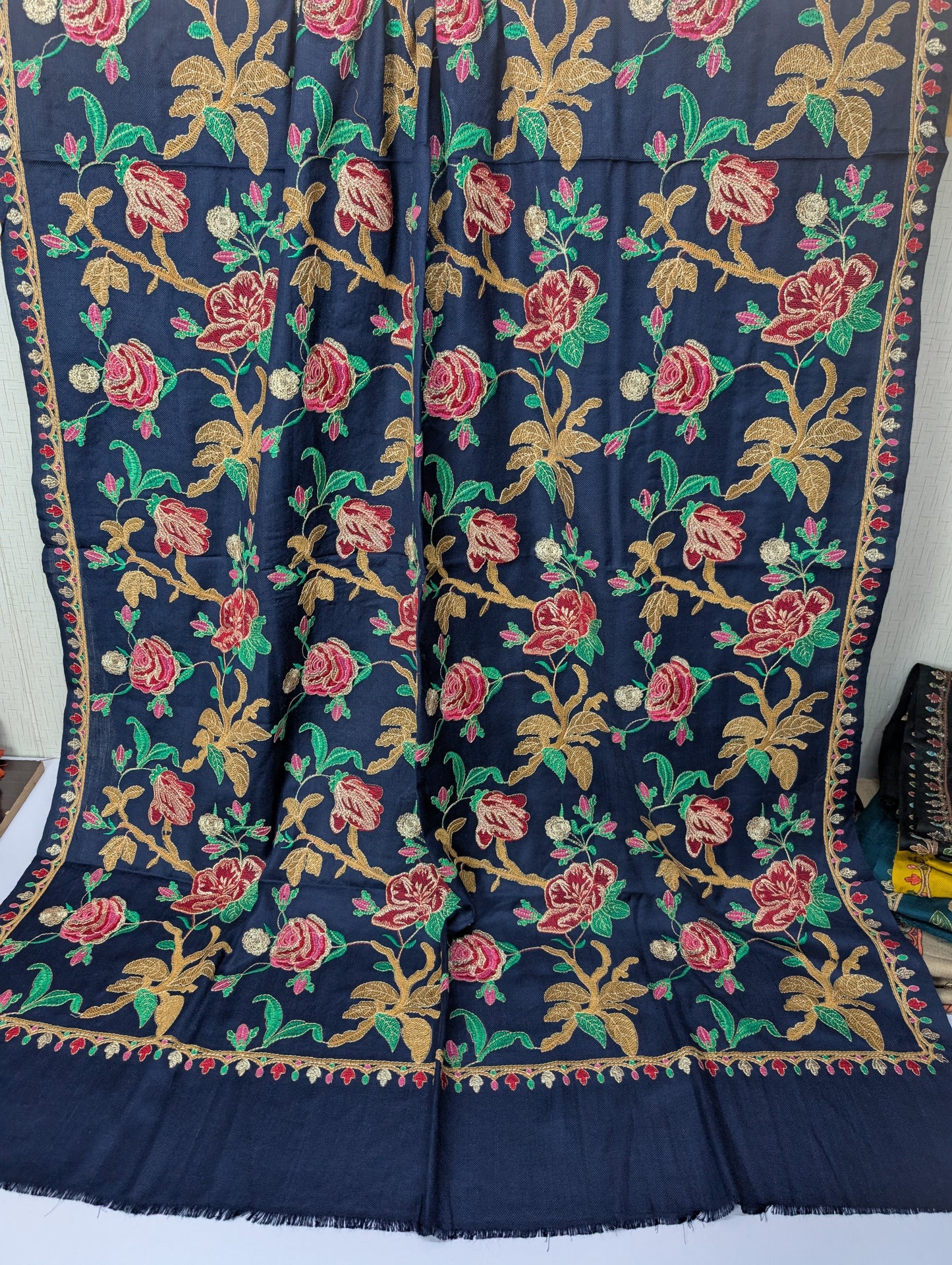 Gulabkar Pashmina Embroidered Shawl Fancy Tilla and Thread Work Perfect Gift Navy Blue