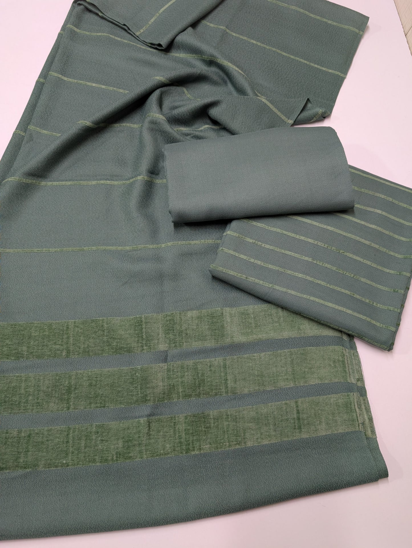 3 Piece Suit | Velvet Lining Marina Suit Allover With Shawl | New Arrival Beautiful Gift | Dark Pista Green