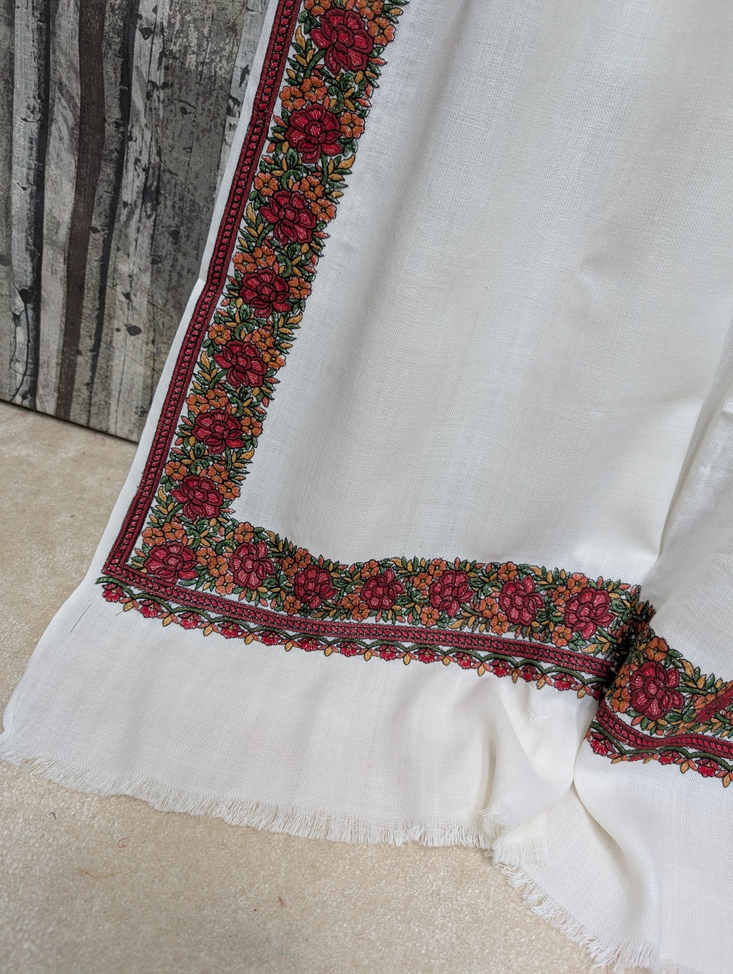 Gulab Border Embroidered Pure Pashmina Shawl Best Selling Shawl Perfect Gift | Off White