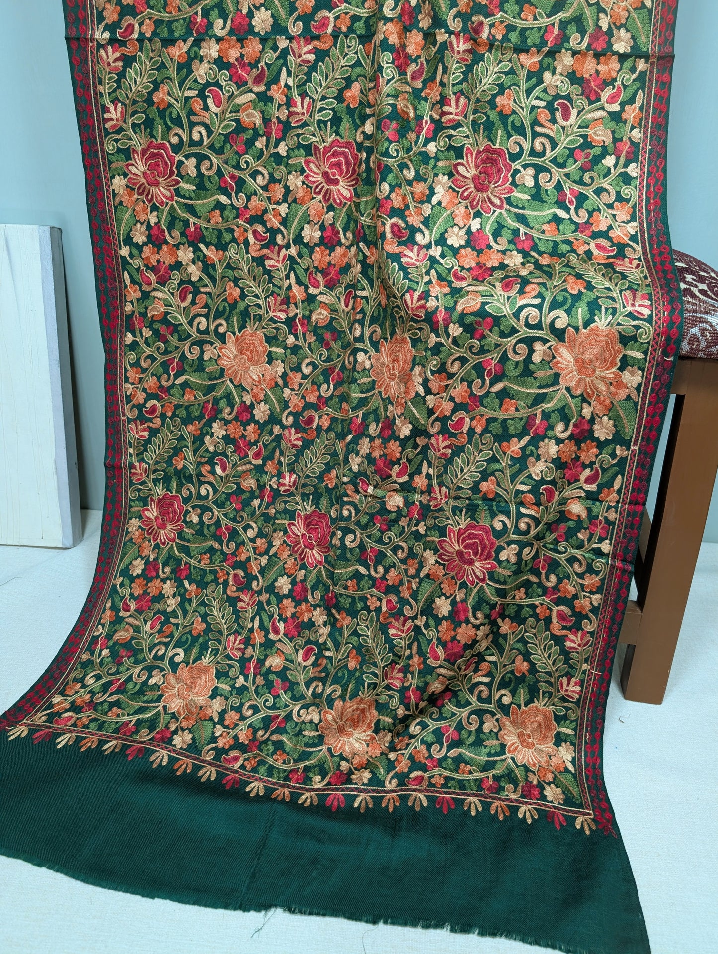 Pashmina Stole Full Embroidery Kashmiri Work in Sale Price perfect Gift | Dark Green