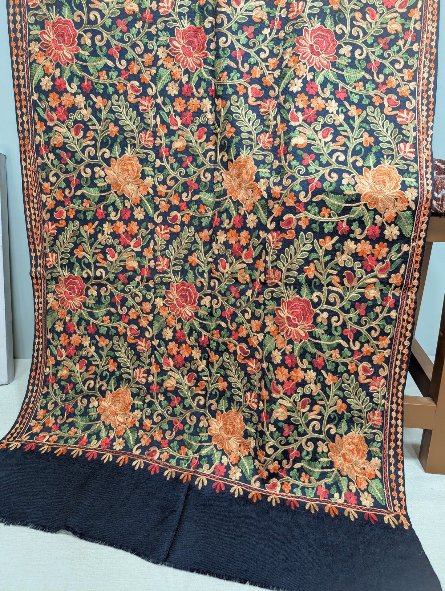 Pashmina Stole Full Embroidery Kashmiri Work in Sale Price perfect Gift | Navy Blue