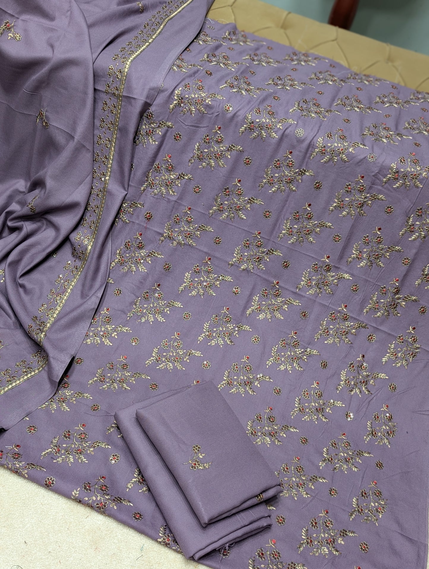 Marina 3 Piece Embroidered Suit Skin Embroidery Marina Shawl | Light Purple