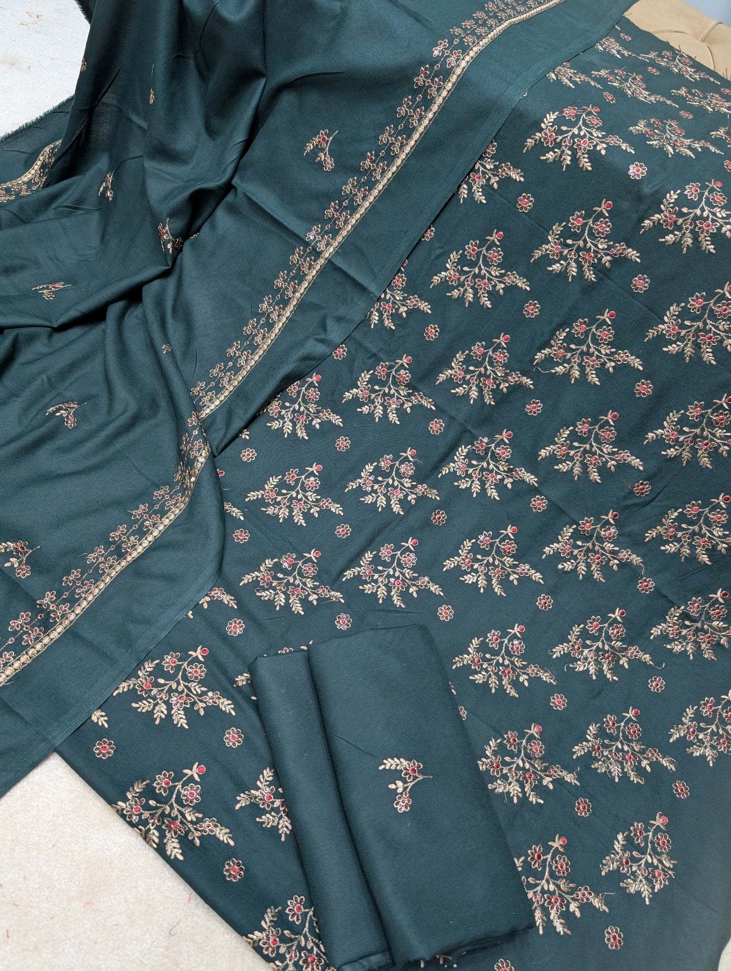Marina 3 Piece Embroidered Suit Skin Embroidery Marina Shawl | Dark Green