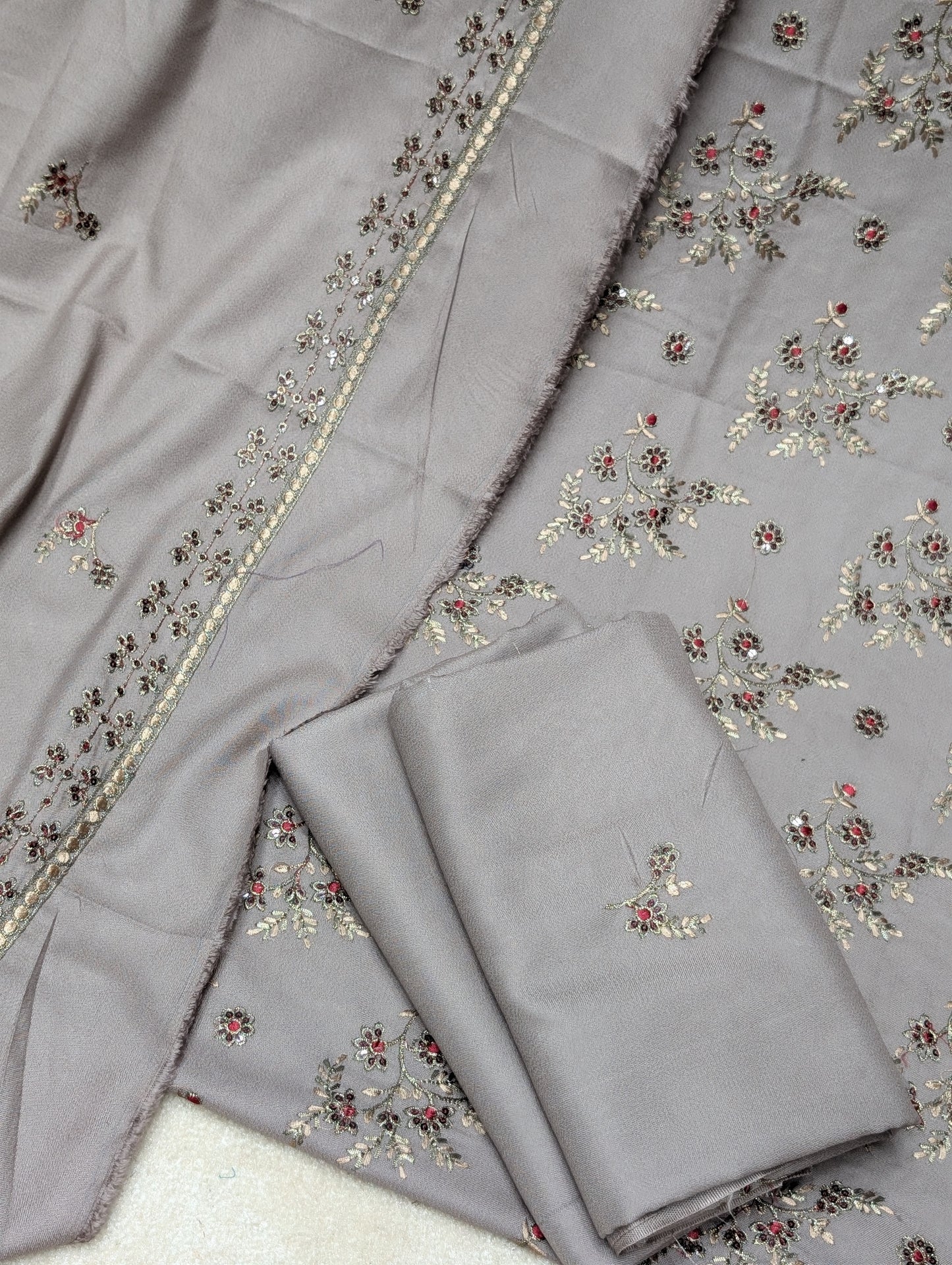 Marina 3 Piece Embroidered Suit Skin Embroidery Marina Shawl | Skin Grey