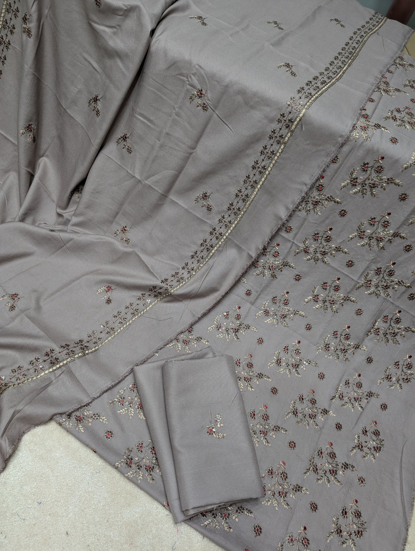 Marina 3 Piece Embroidered Suit Skin Embroidery Marina Shawl | Skin Grey