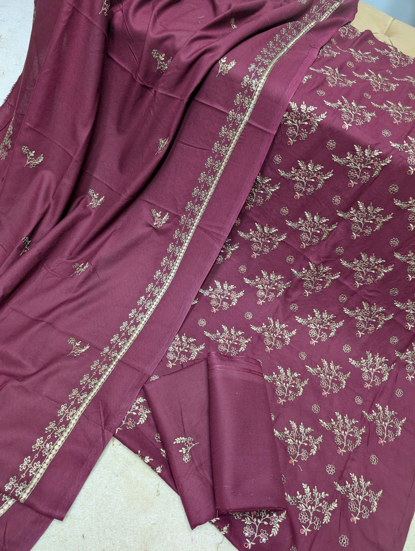 Marina 3 Piece Embroidered Suit Skin Embroidery Marina Shawl | Maroon