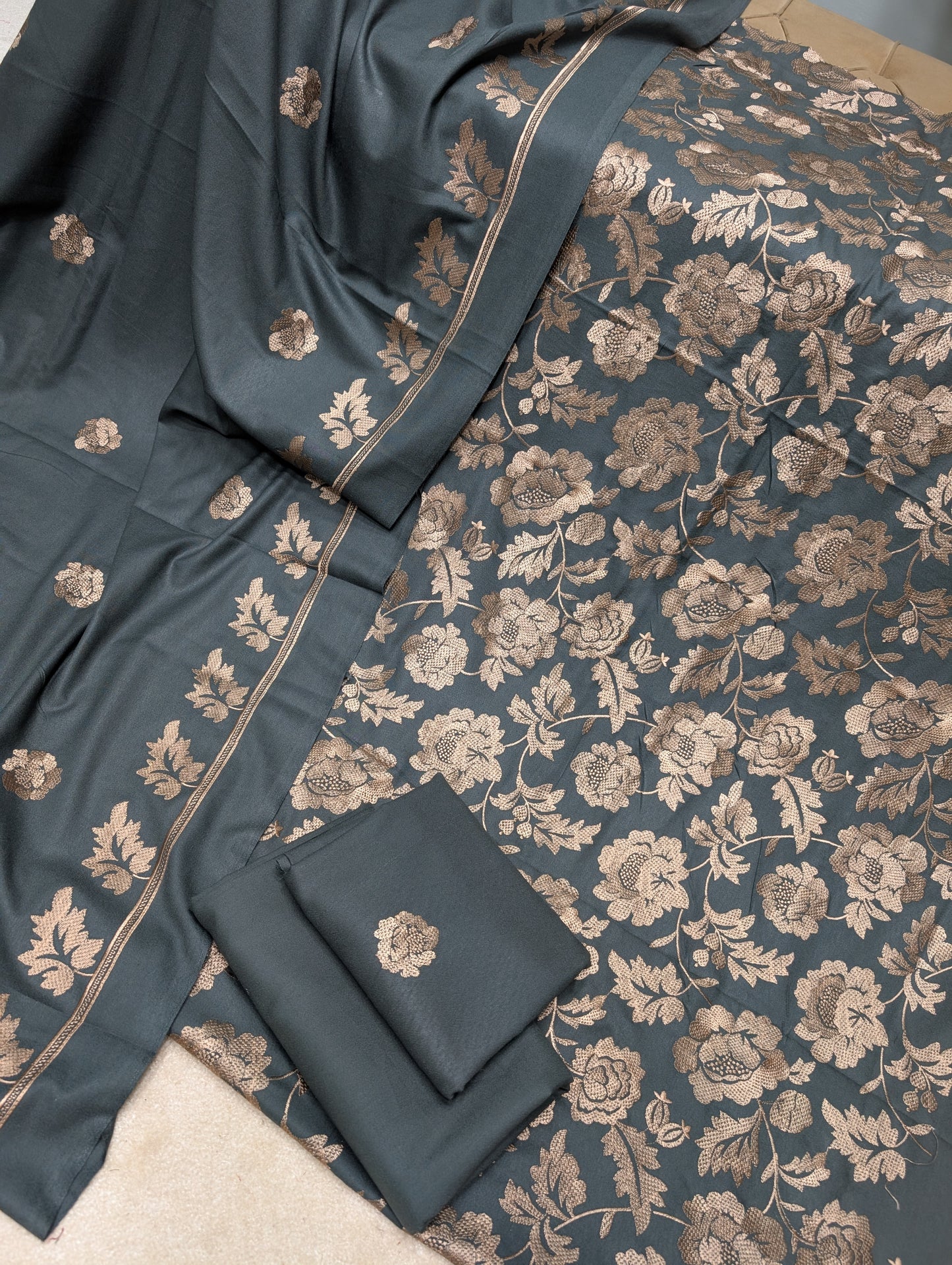 Marina 3 Piece Embroidered Suit Skin Embroidery Marina Shawl | Grey