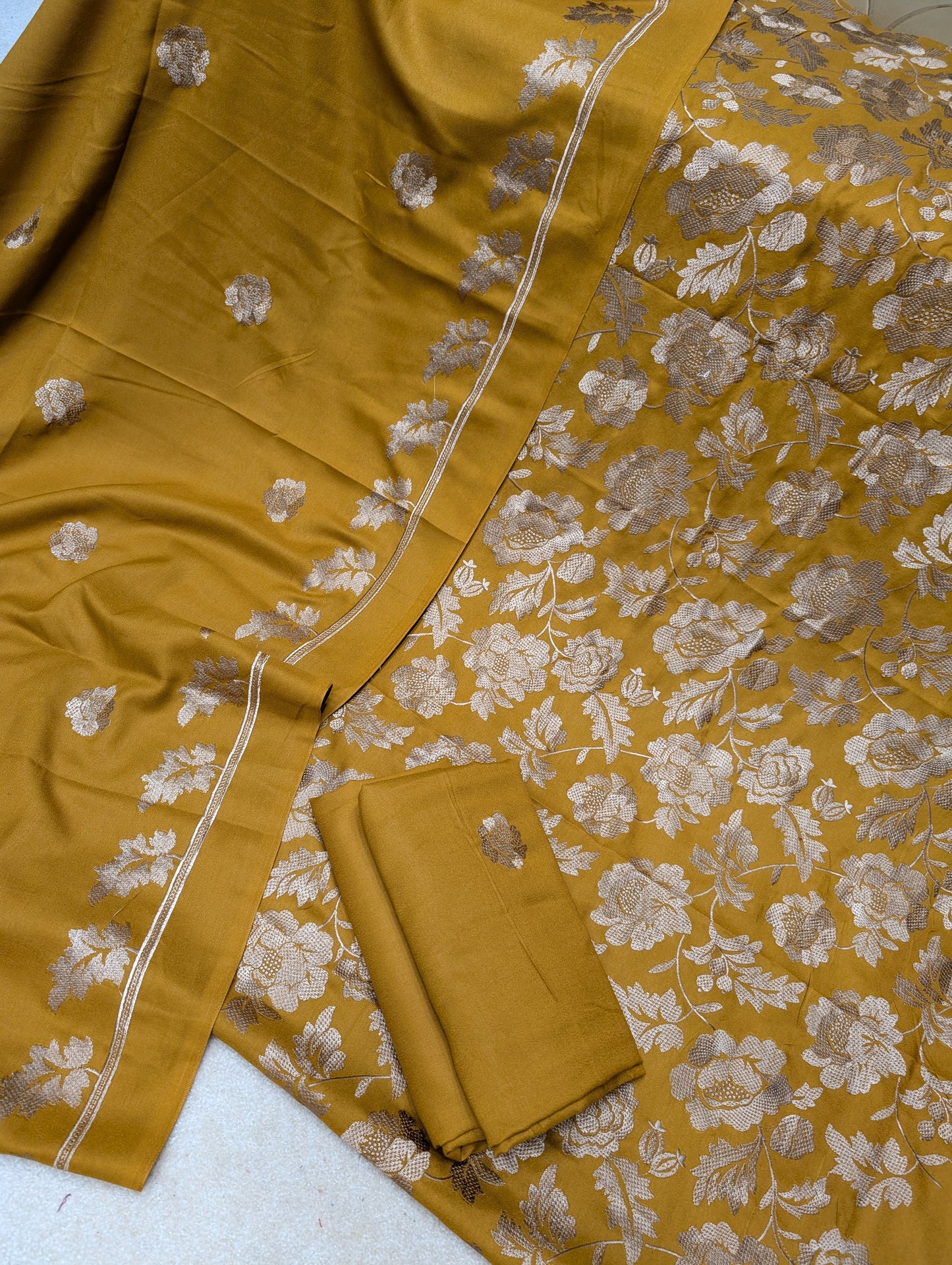 Marina 3 Piece Embroidered Suit Skin Embroidery Marina Shawl | Mustard