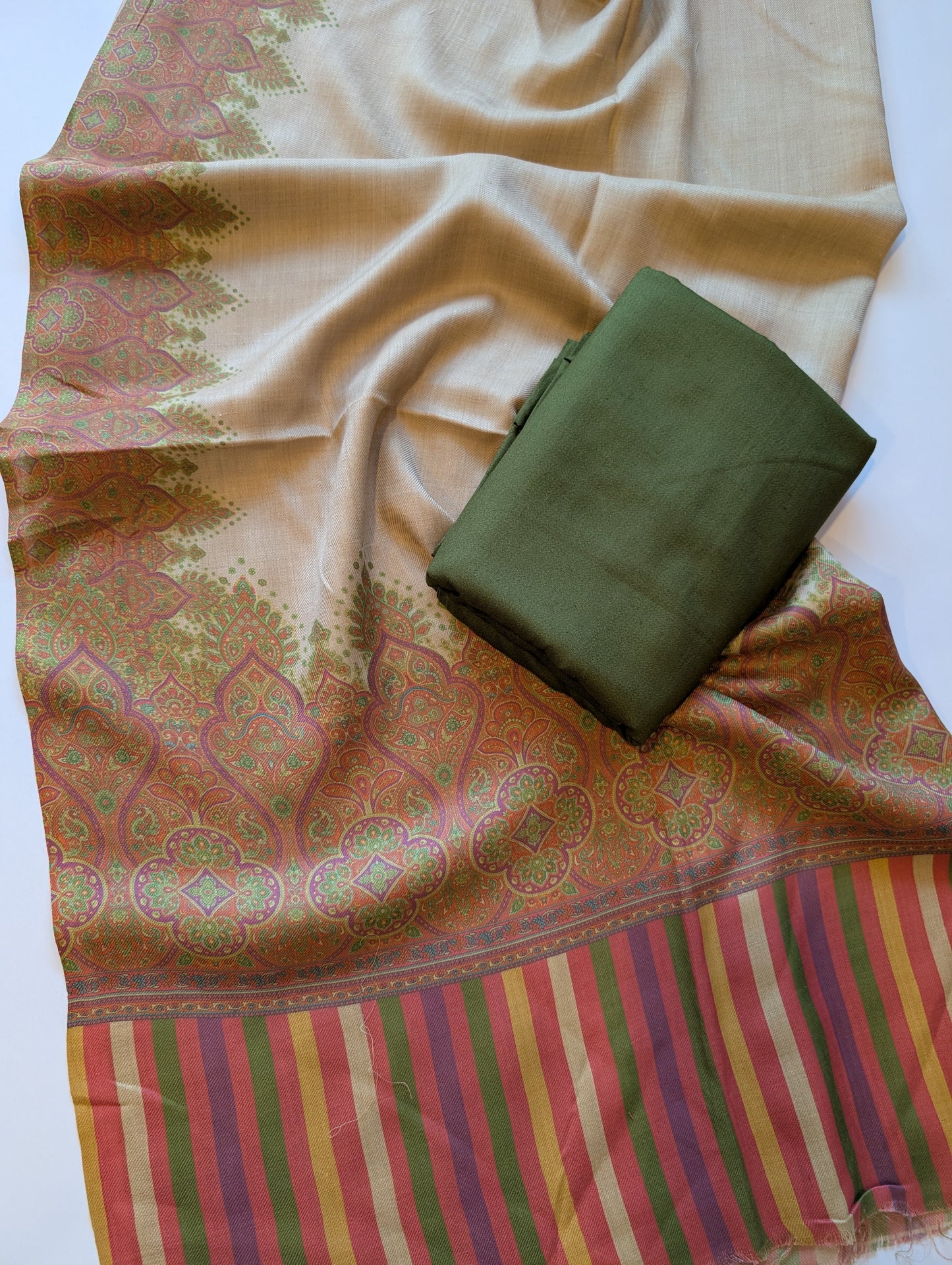 Pashmina 3 Piece Suit | Printed Pashmina Shawl with Marina Plain Suit Perfect Winter Suit