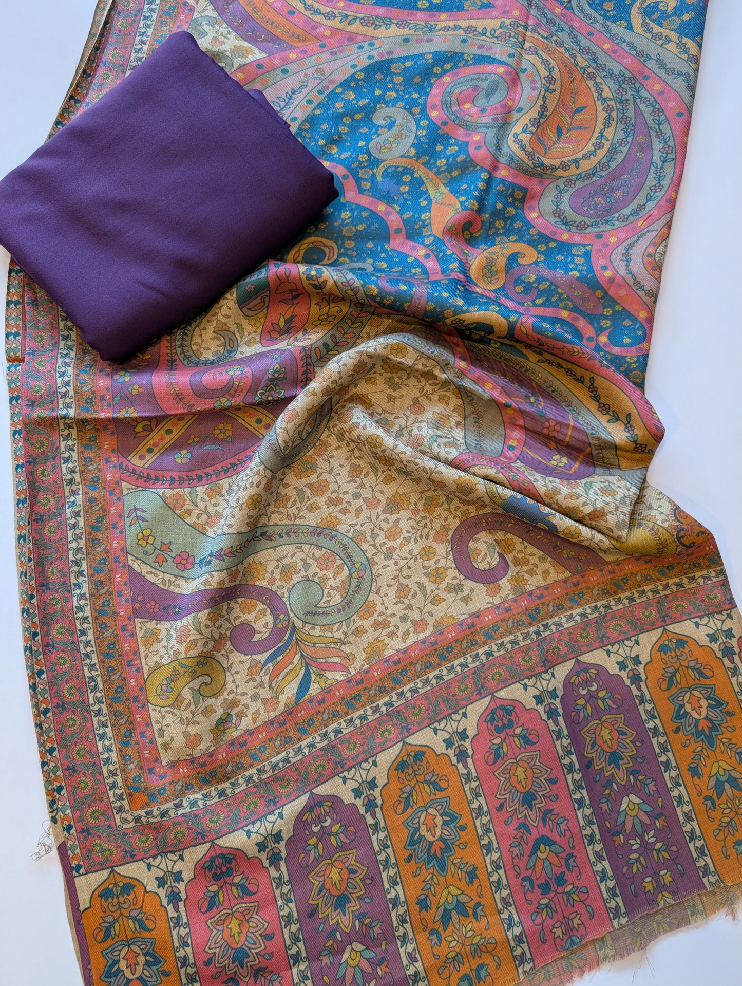 Pashmina 3 Piece Suit | Printed Pashmina Shawl with Marina Plain Suit Perfect Winter Suit