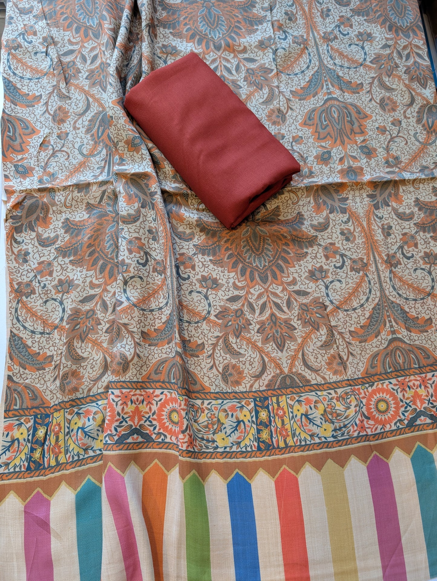 Pashmina 3 Piece Suit | Printed Pashmina Shawl with Marina Plain Suit Perfect Winter Suit