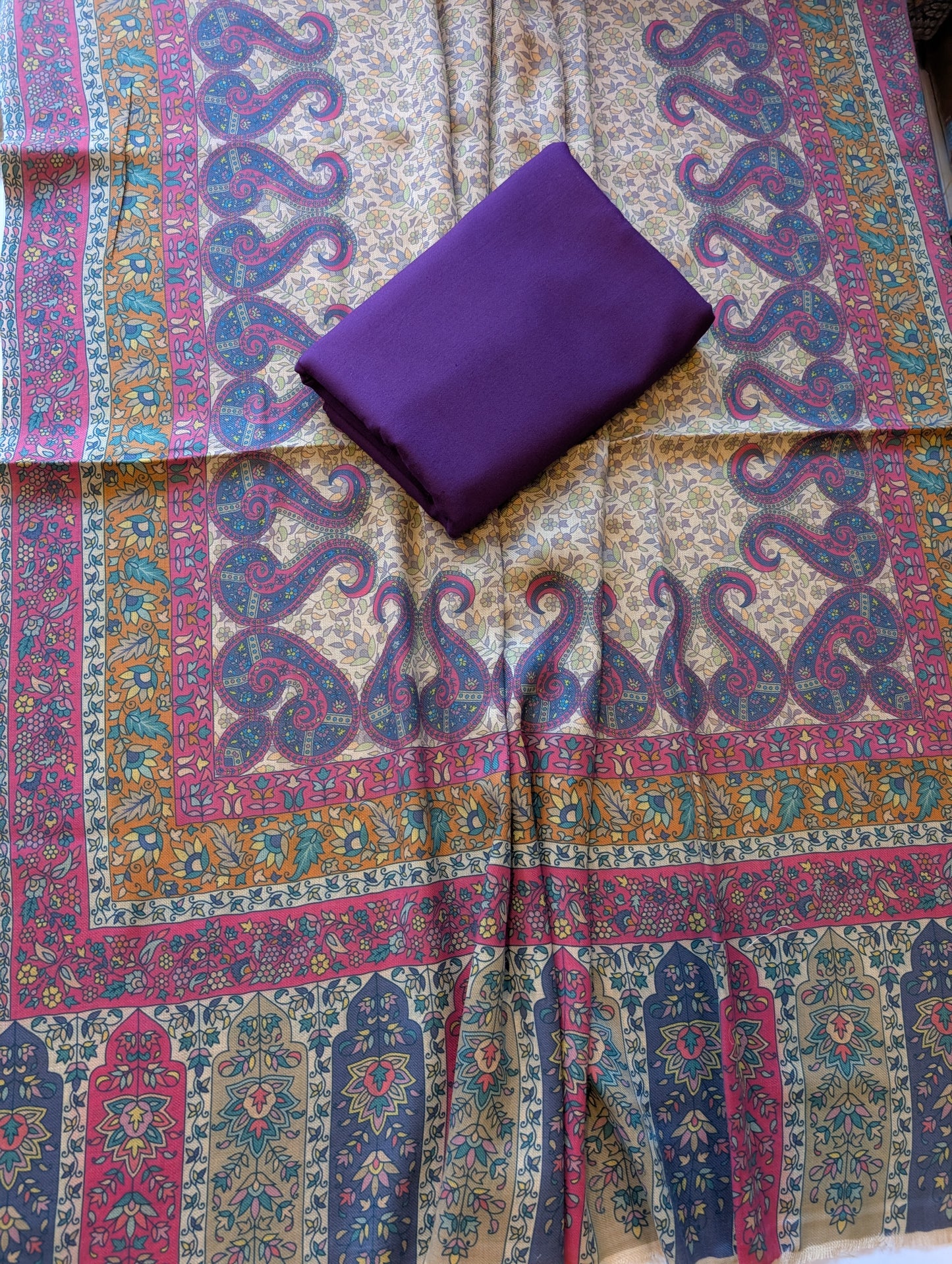 Pashmina 3 Piece Suit | Printed Pashmina Shawl with Marina Plain Suit Perfect Winter Suit